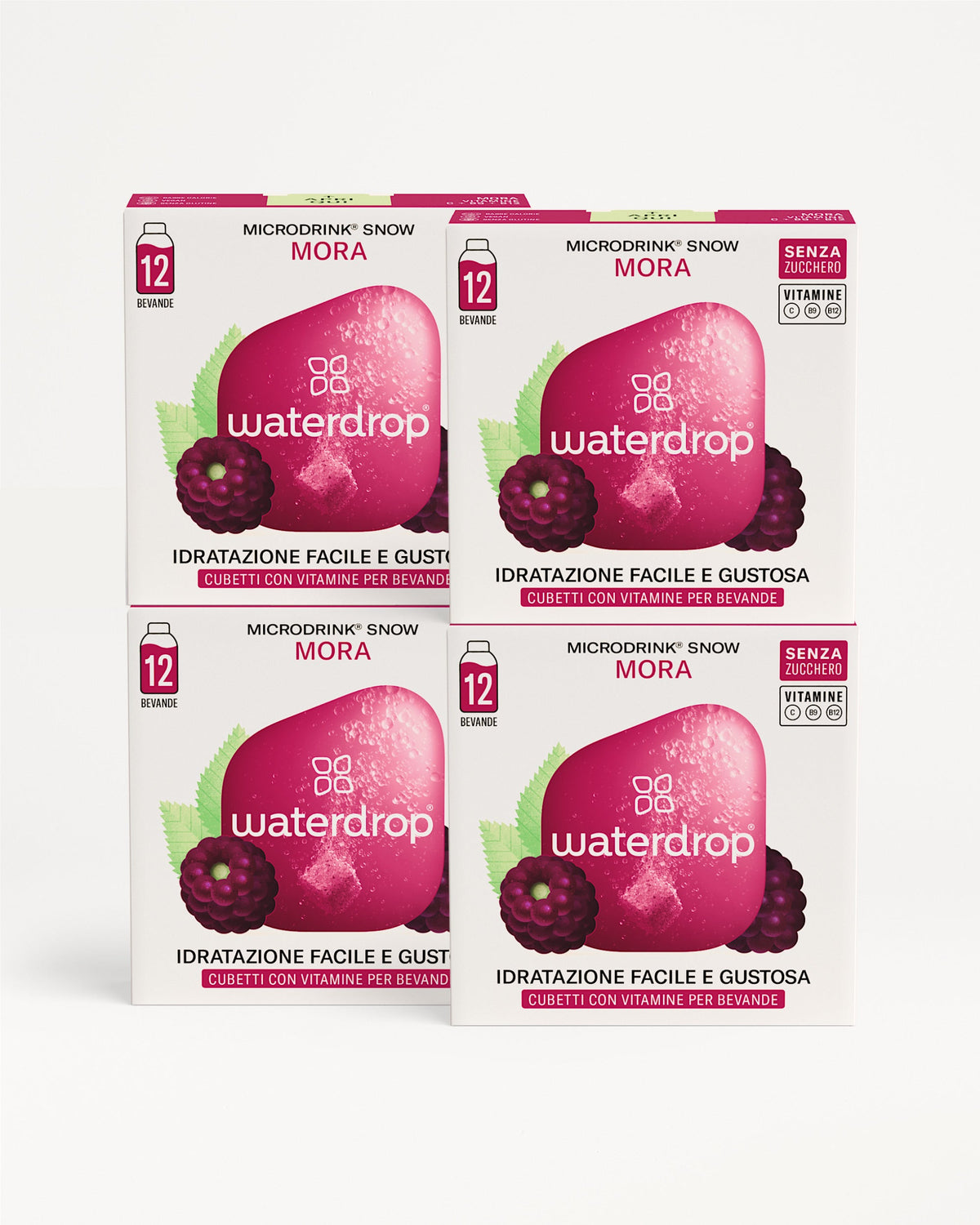 Set Microdrink 3+1 “Mora”: quattro scatole con cubetti senza zucchero.