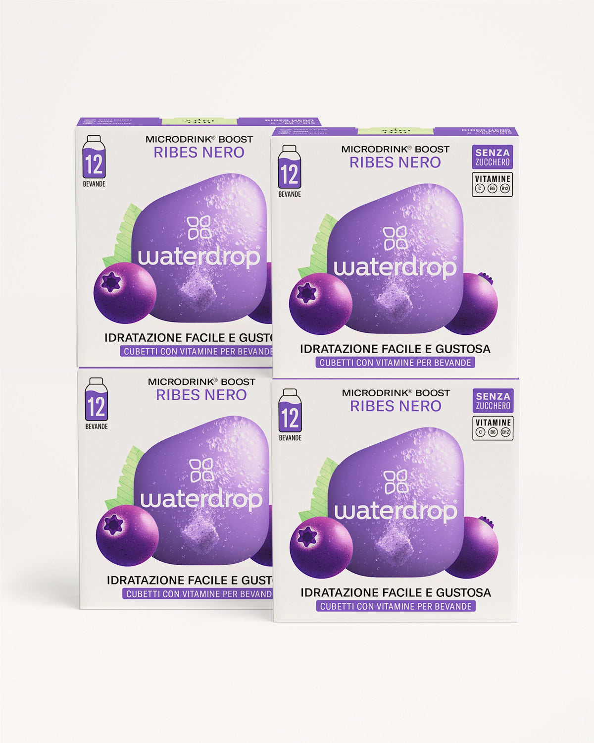 Set Microdrink 3+1: quattro scatole Waterdrop® Boost ribes nero.