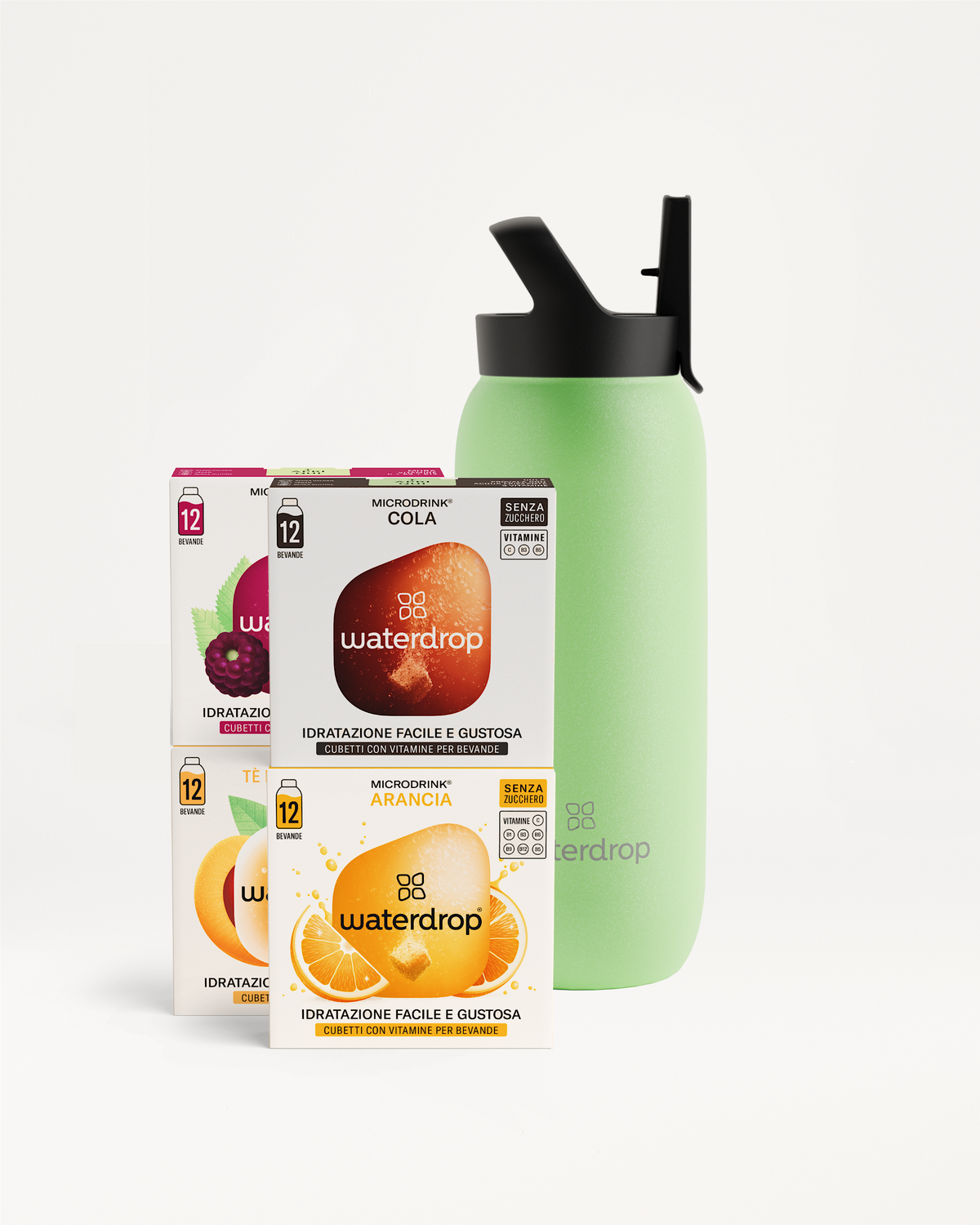 Deluxe Starter Set di waterdrop® con gusti ARANCIA, COLA, MORA, TÈ FREDDO PESCA.