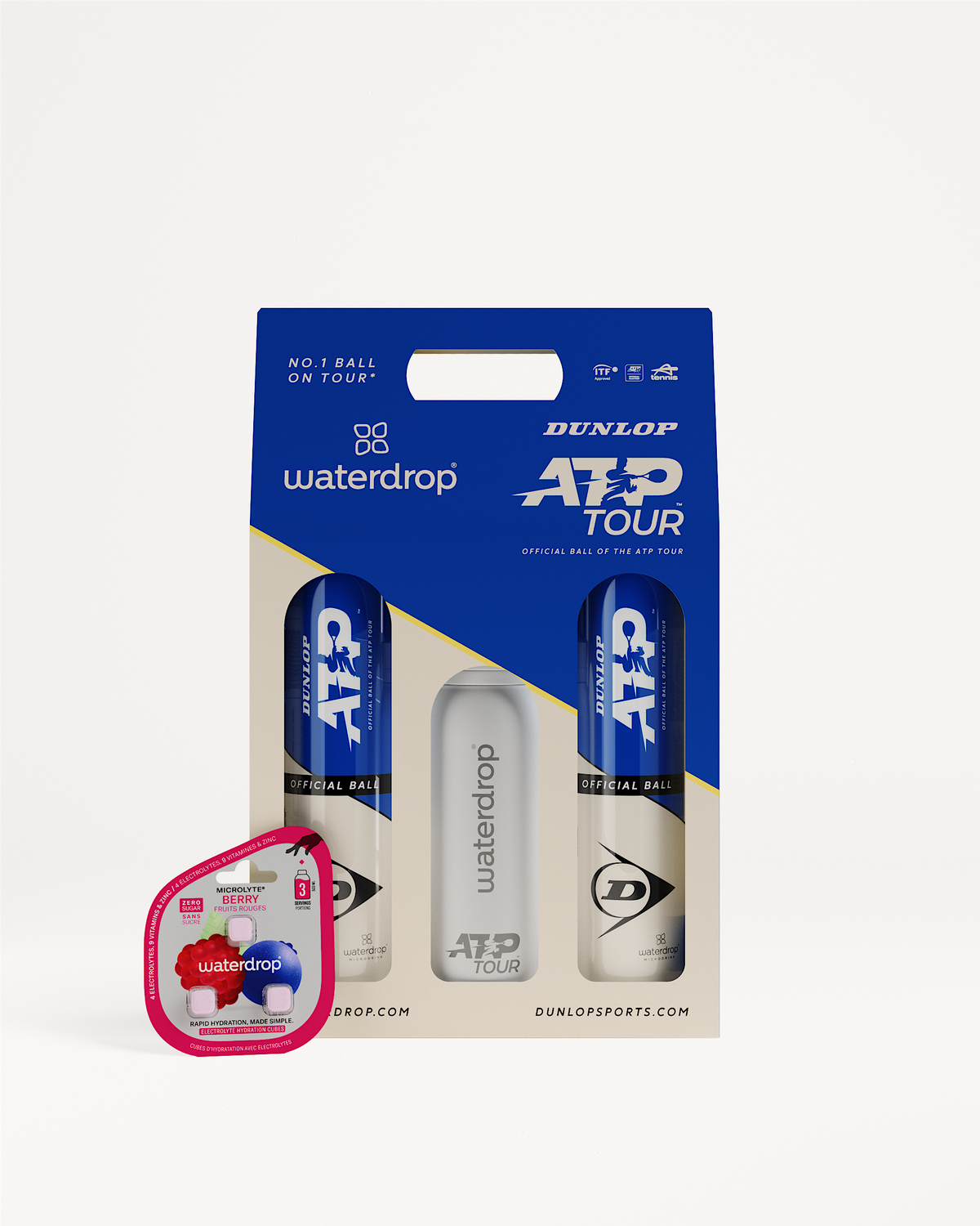 Dunlop TriPack ATP Tour: palline, borraccia, cubetti idratazione.