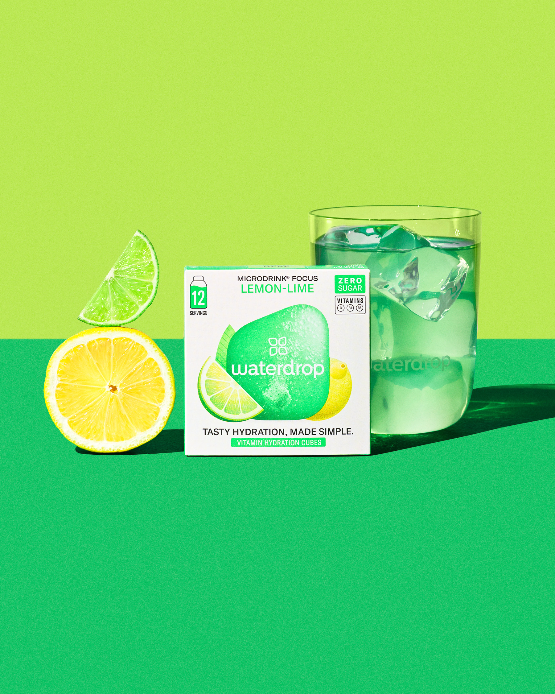 Set A Tutta Soda: Microdrink Focus gusto Limone-Lime con bicchiere d'acqua.