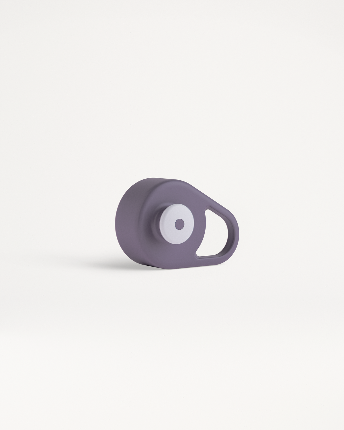 Tappo Pull-Up in silicone viola con inserto circolare bianco.