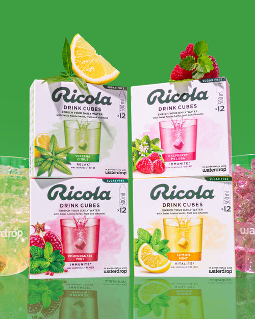 waterdrop® x Ricola Taster Set: Cubetti idratanti alle erbe svizzere.