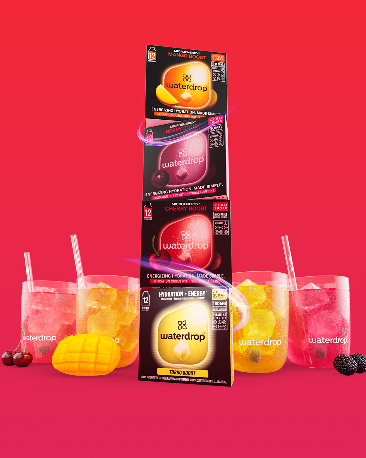 Ultimate Energy Booster Set with four fruity hydration cubes and drinks.