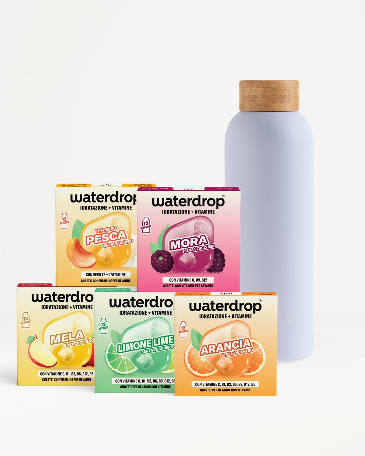 30 Days Starter Set Thermo Steel: cinque gusti di cubetti waterdrop® davanti a borraccia.