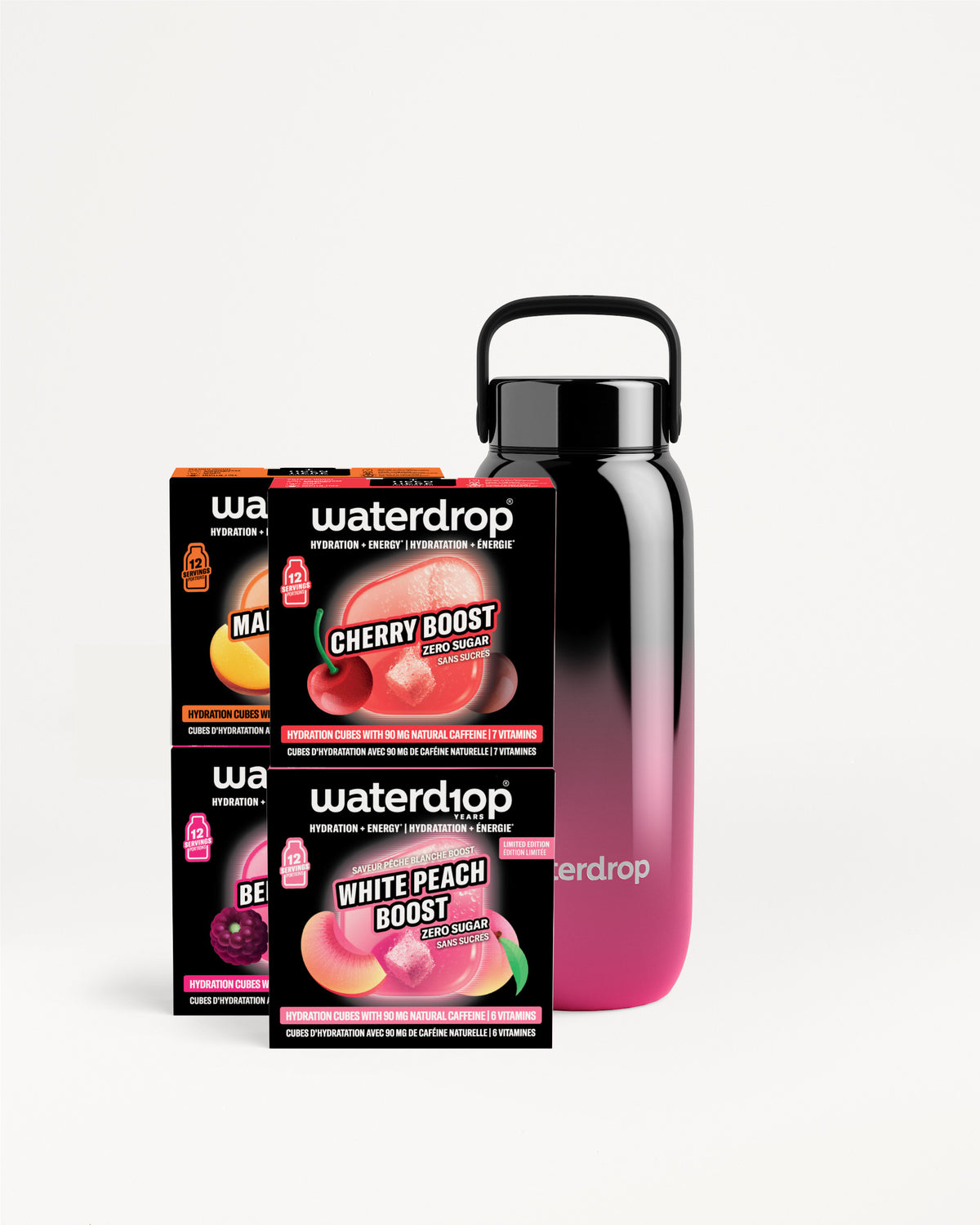 Set di potenziatori di gusto Waterdrop e una bottiglia con gradiente rosa-nero.