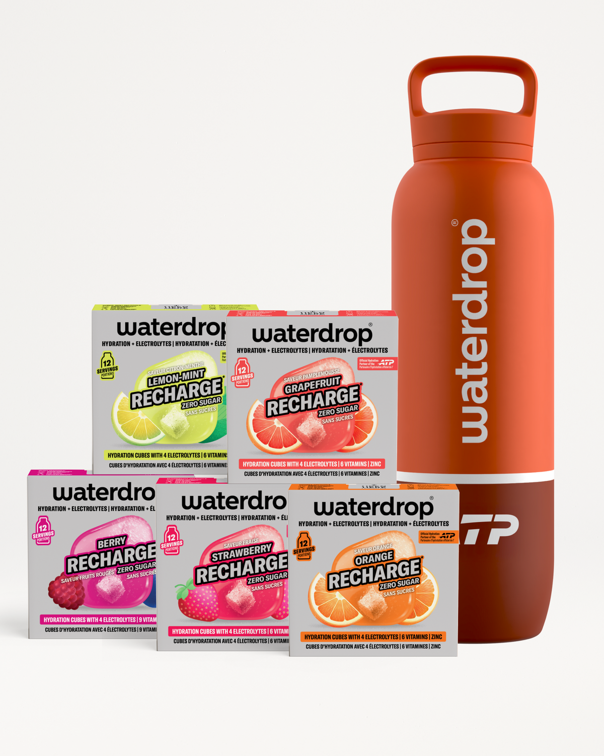 Scatole di assaggio Waterdrop Recharge sapori con una bottiglia arancione riutilizzabile.