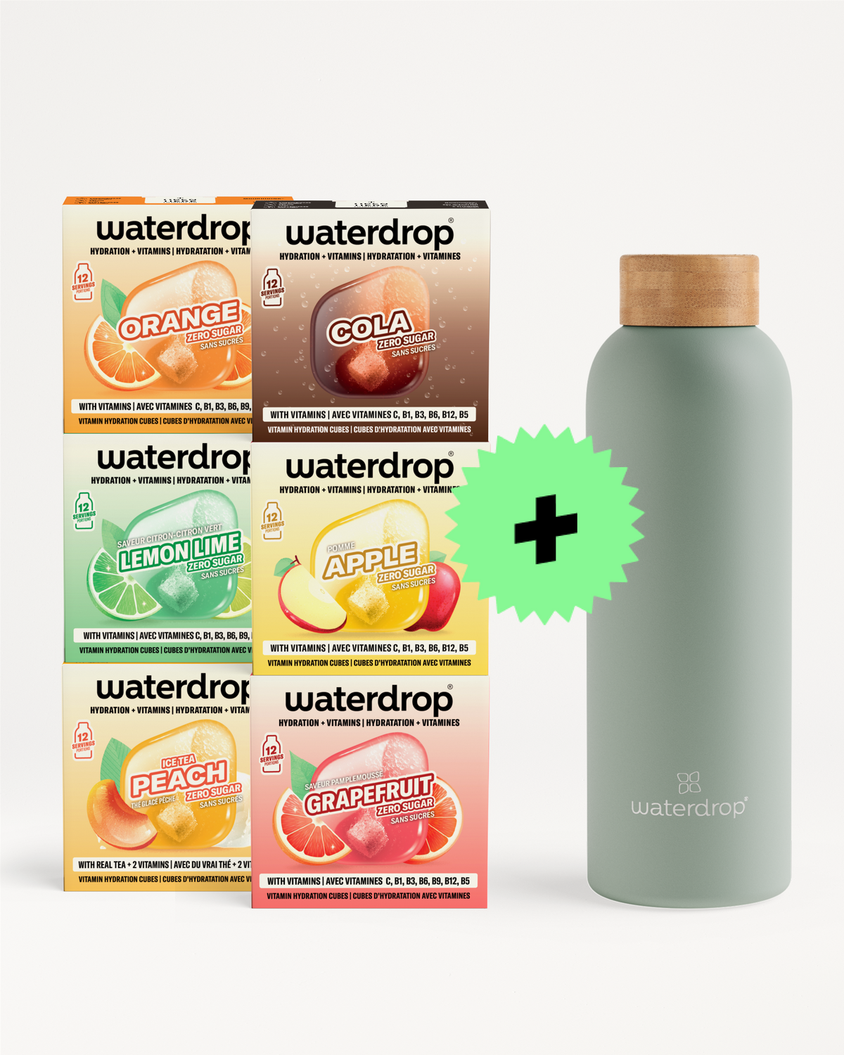 Scatole di acqua Waterdrop di diverse varietà impilate accanto a una bottiglia riutilizzabile verde chiaro con tappo in sughero e un segno più verde.