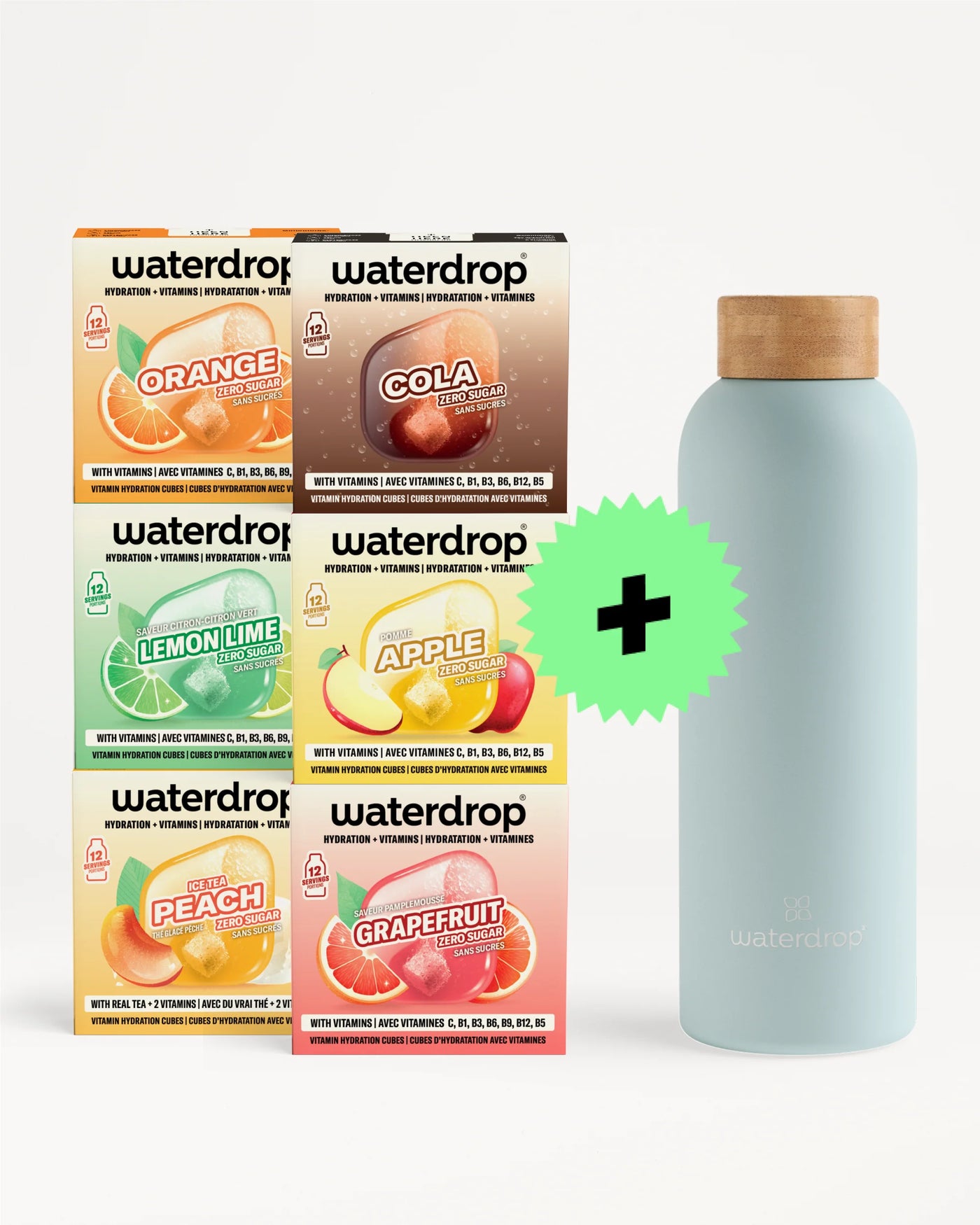 Scatole di Waterdrop con vari gusti impilate accanto a una bottiglia riutilizzabile azzurro chiaro.