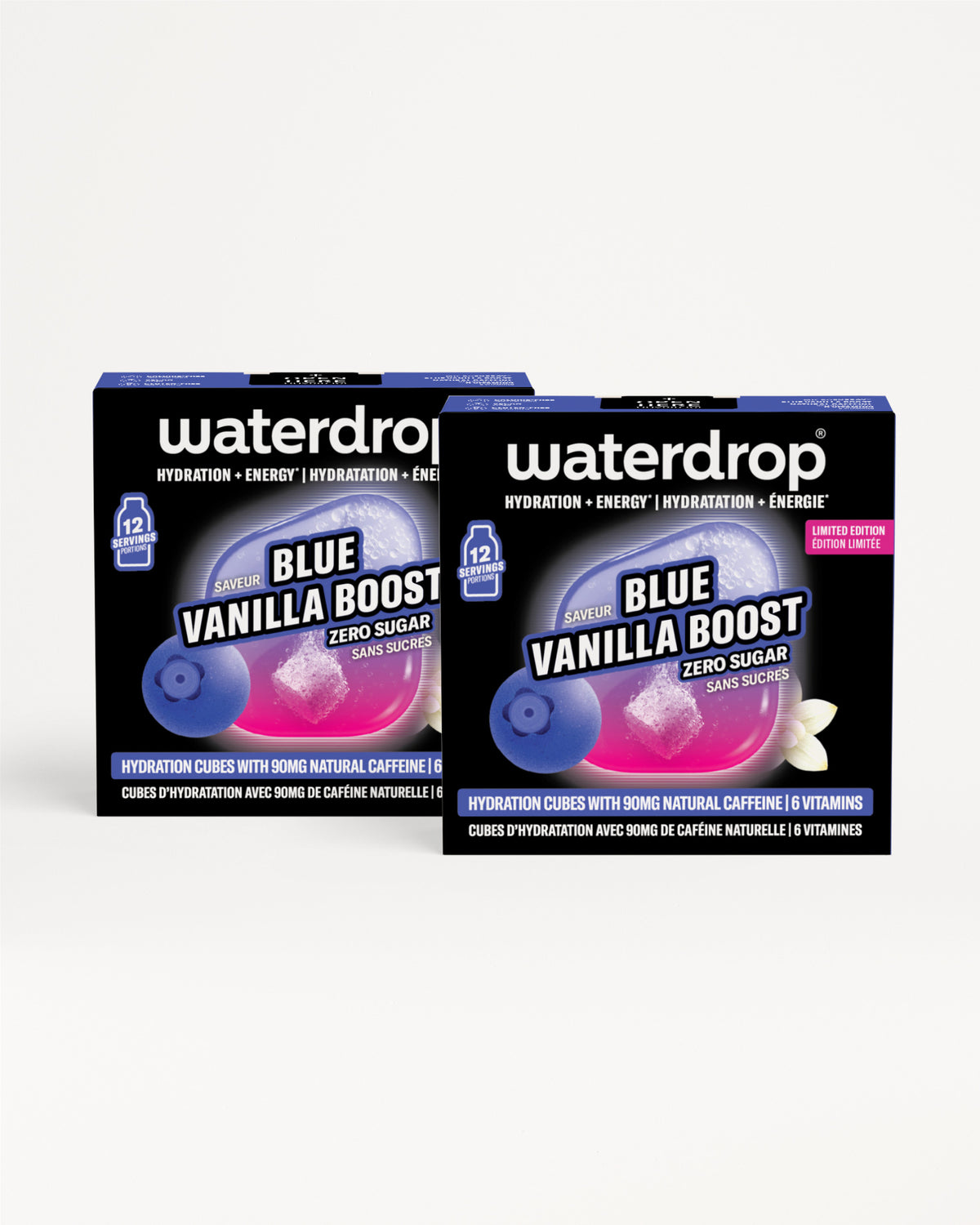 Due scatole blu Blue Vanilla Boost cubi idratanti su sfondo bianco.