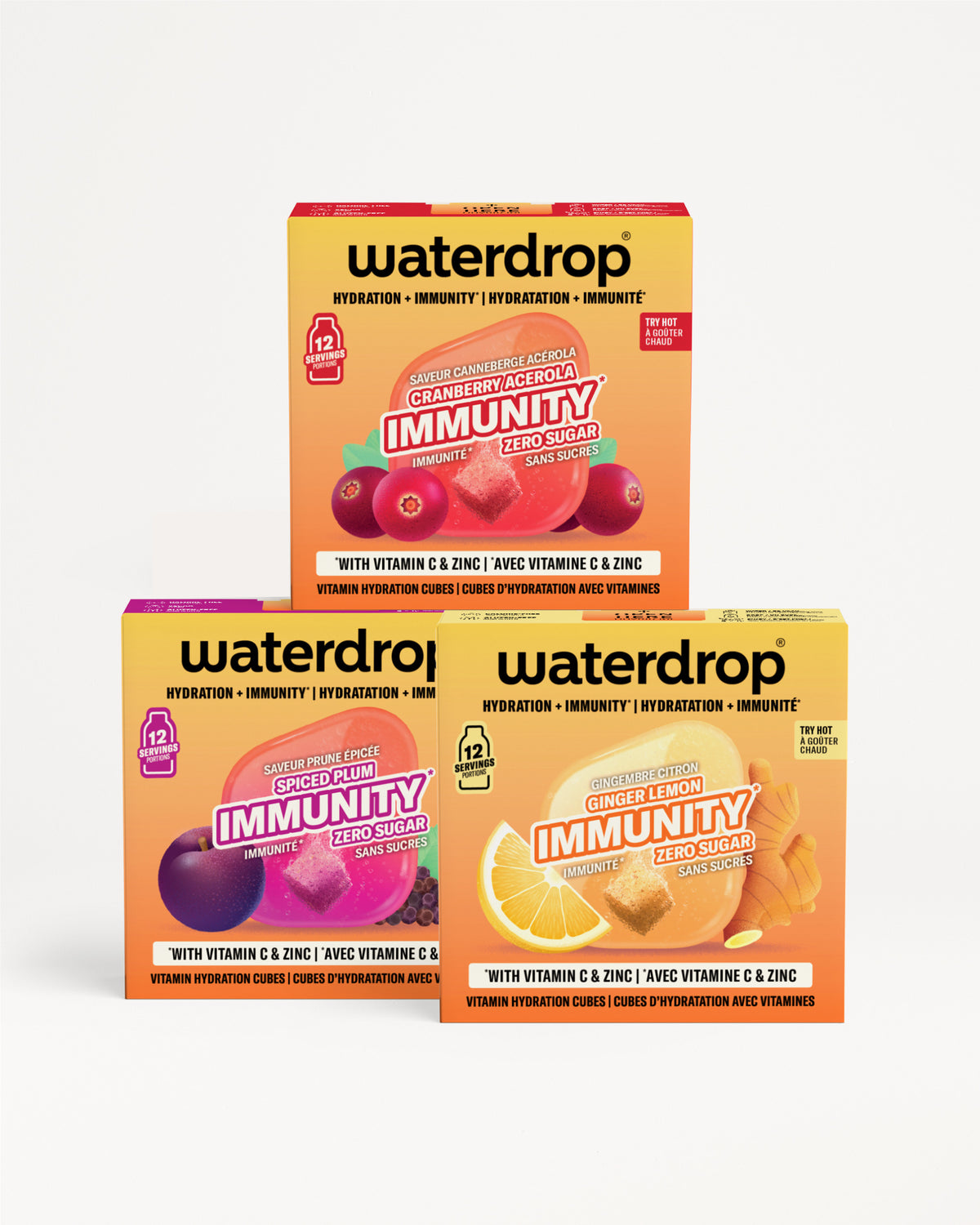 Tre confezioni Waterdrop Immunity impilate a piramide su sfondo bianco.