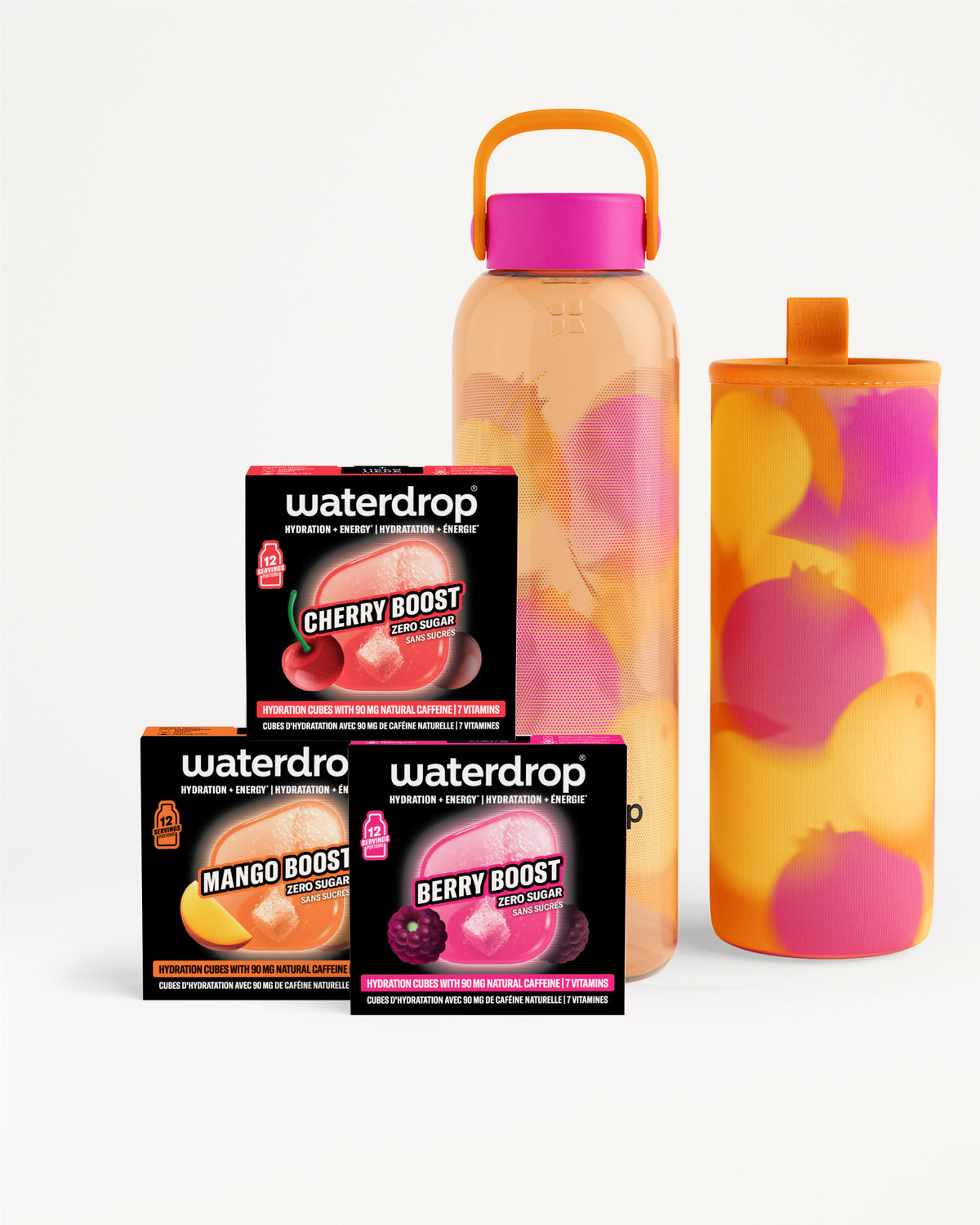 Confezioni assortite di flavor boost e due borracce riutilizzabili dal motivo marmorizzato.