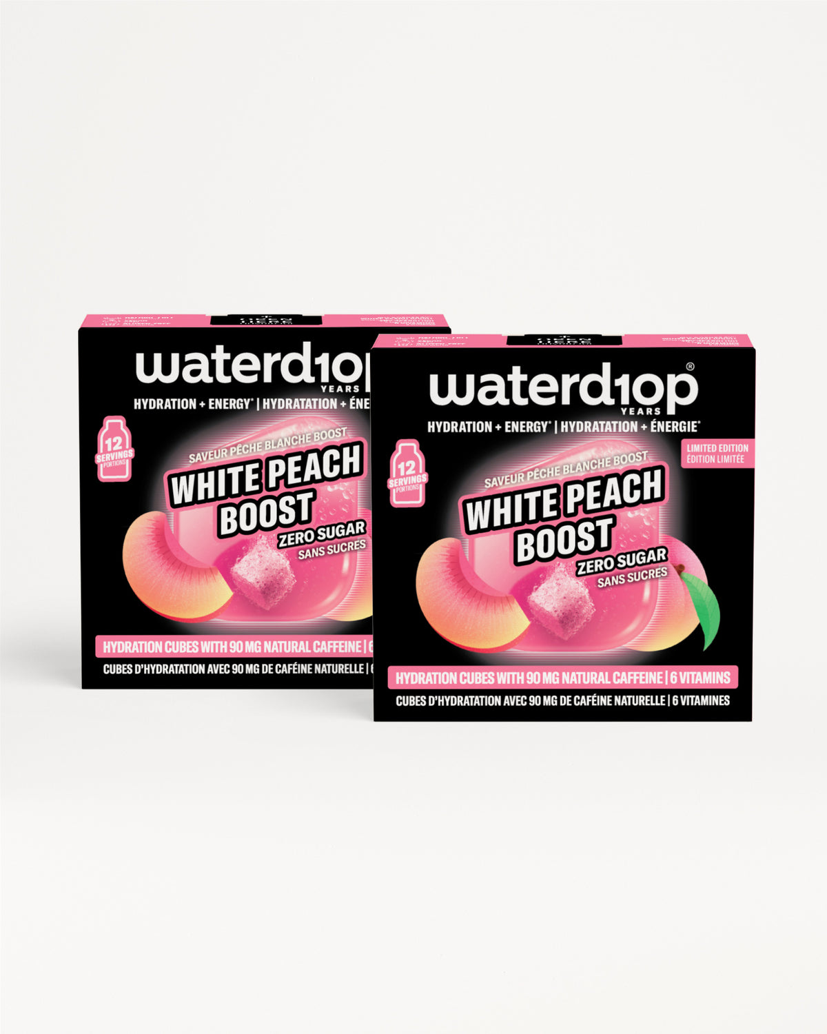 Due scatole nere Waterdrop per idratazione con accenti rosa su sfondo bianco.