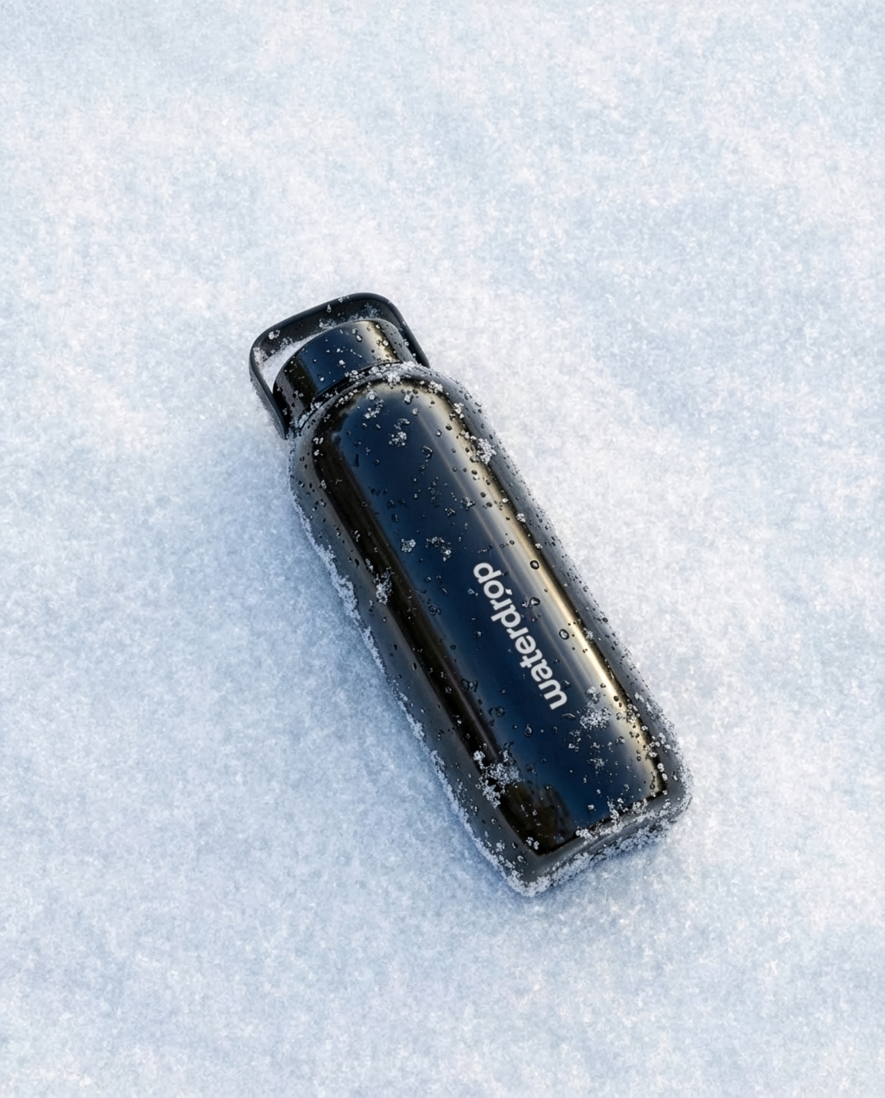 Borraccia Termica Brillante nera su neve, manico ad anello.