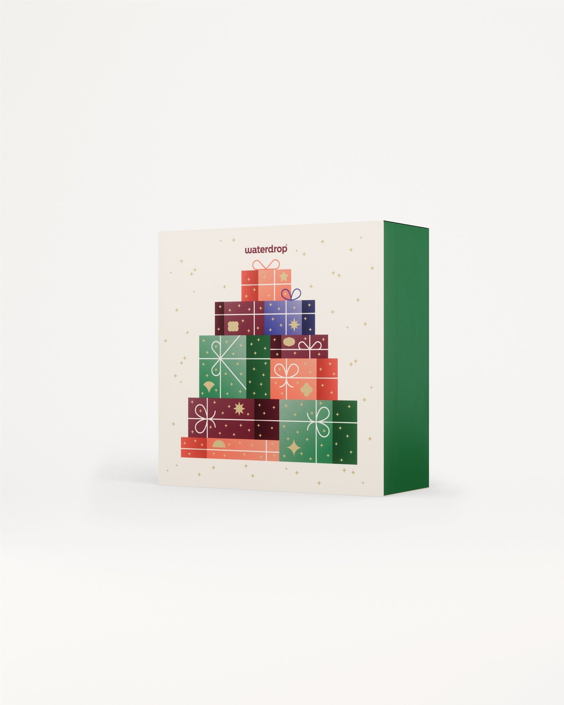 Calendario dell'Avvento Grande con icone regalo colorate e marchio waterdrop.