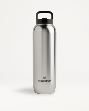 All-Purpose Thermo Straw Lid stainless-steel water bottle with handle.
