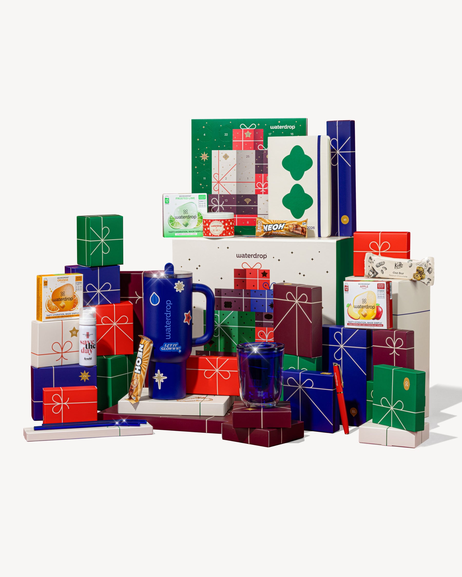 Calendario dell'Avvento Waterdrop: set regalo con microdrink, accessori e snack.