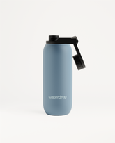 All-Purpose Thermo · Swing Lid blue water bottle with black cap.