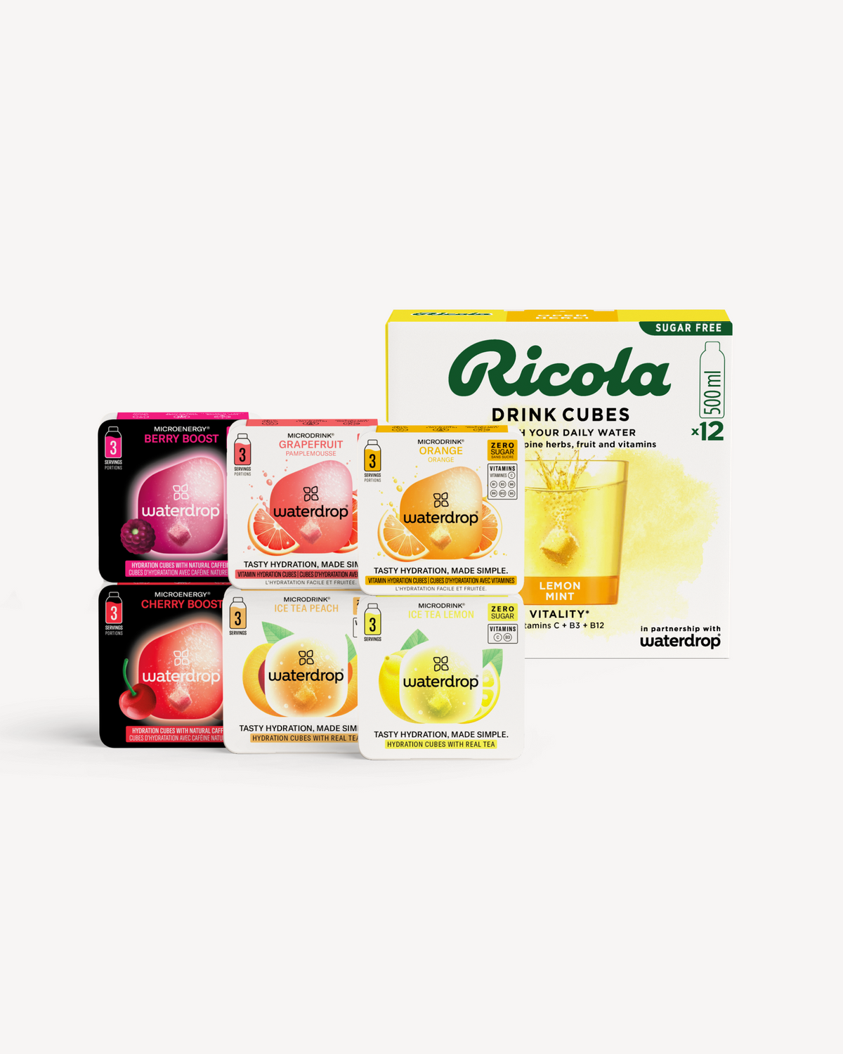 Set degustazione waterdrop® x Ricola con cubetti di idratazione aromatizzati.