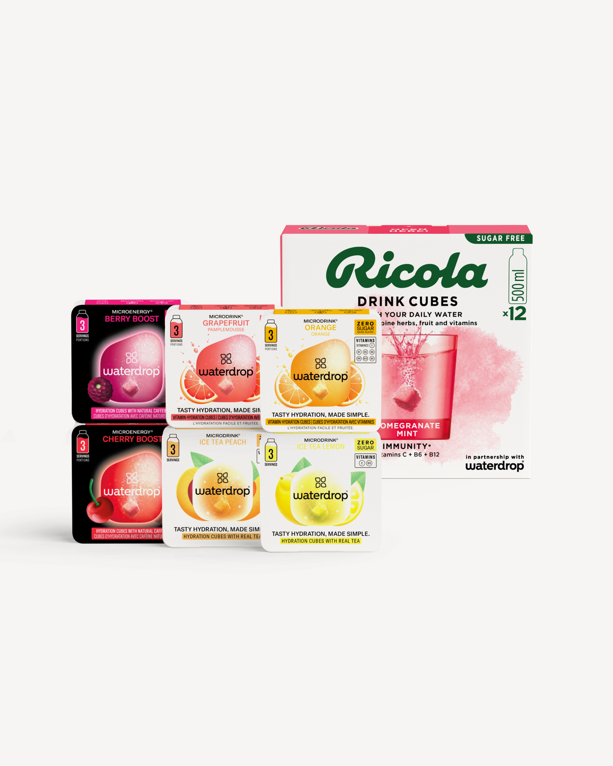 Set degustazione waterdrop® x Ricola con cubetti idratanti aromatizzati.