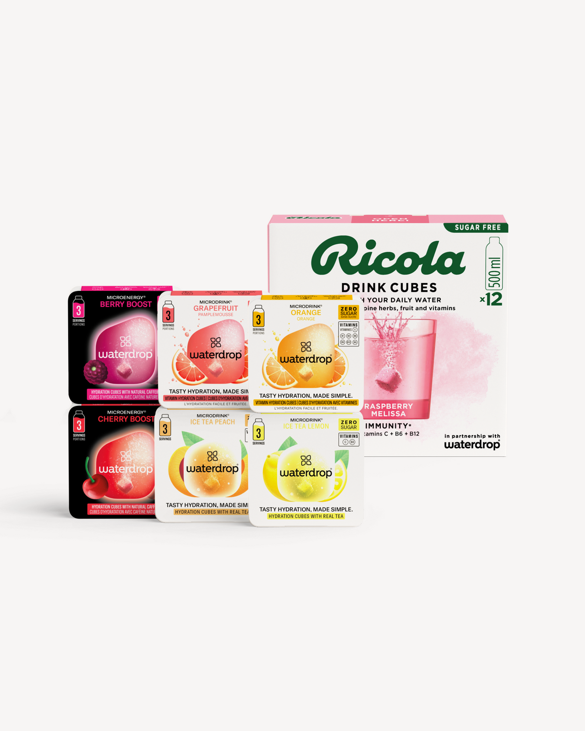 waterdrop® x Ricola Taster Set di cubi idratanti singoli.
