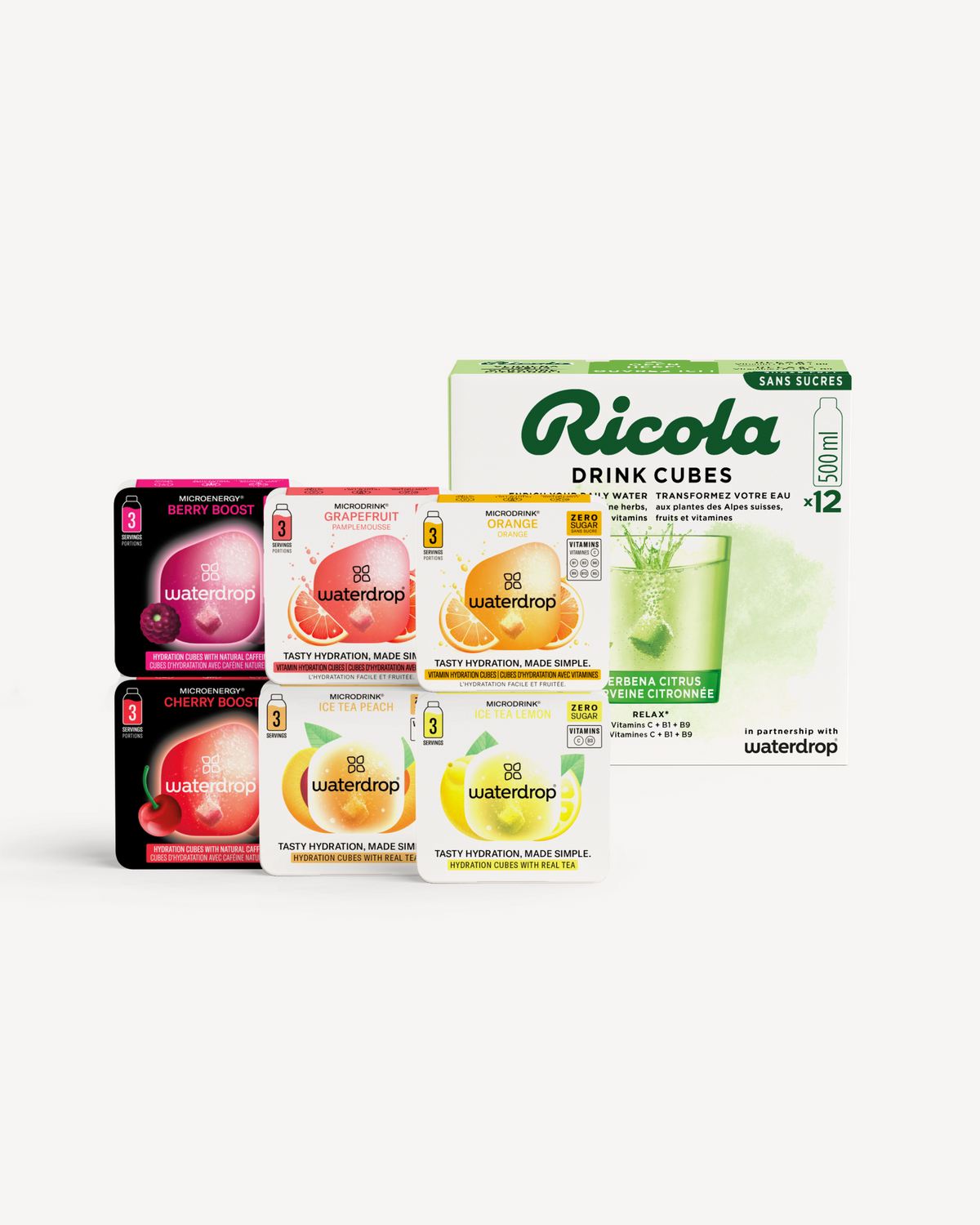 Set degustazione waterdrop® x Ricola con cubetti idratanti aromatizzati.