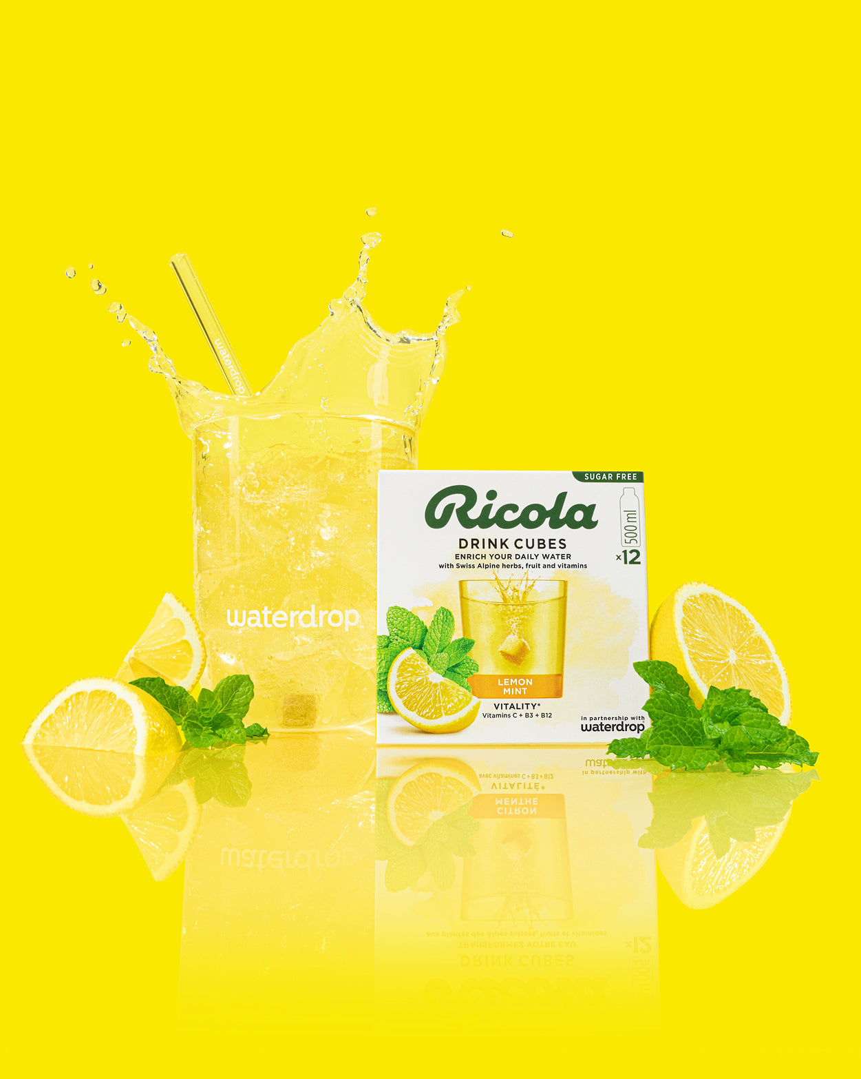 Ricola Discovery Set: cubetti di bevanda Lemon Mint, acqua frizzante.