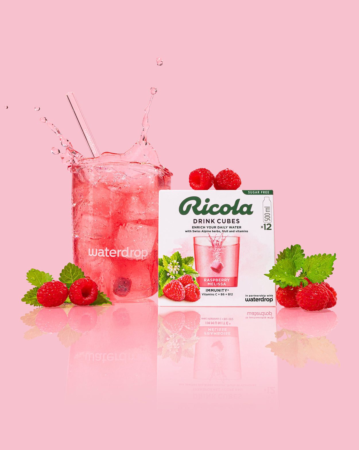 Ricola Discovery Set con bevanda rosa waterdrop®, lamponi e melissa.