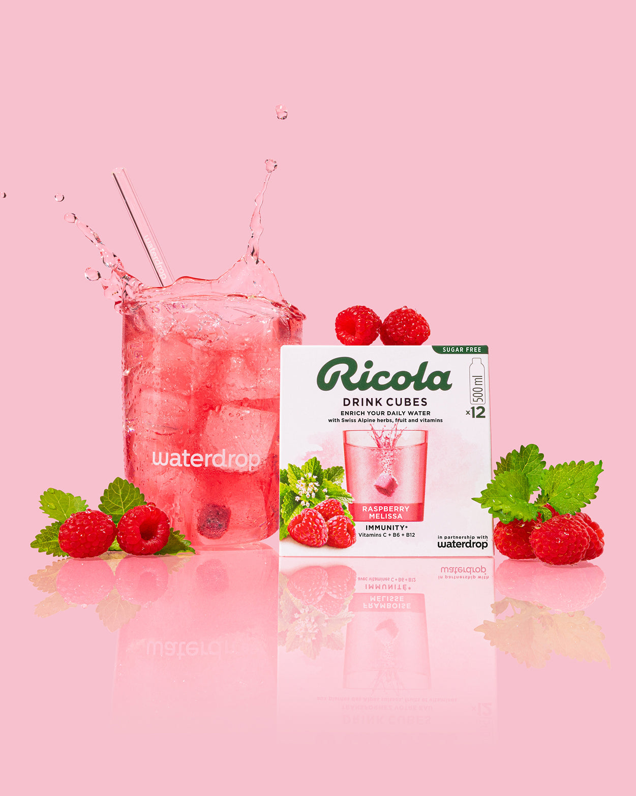 Lampone Melissa: cubetti Ricola per bevanda con lamponi e melissa.