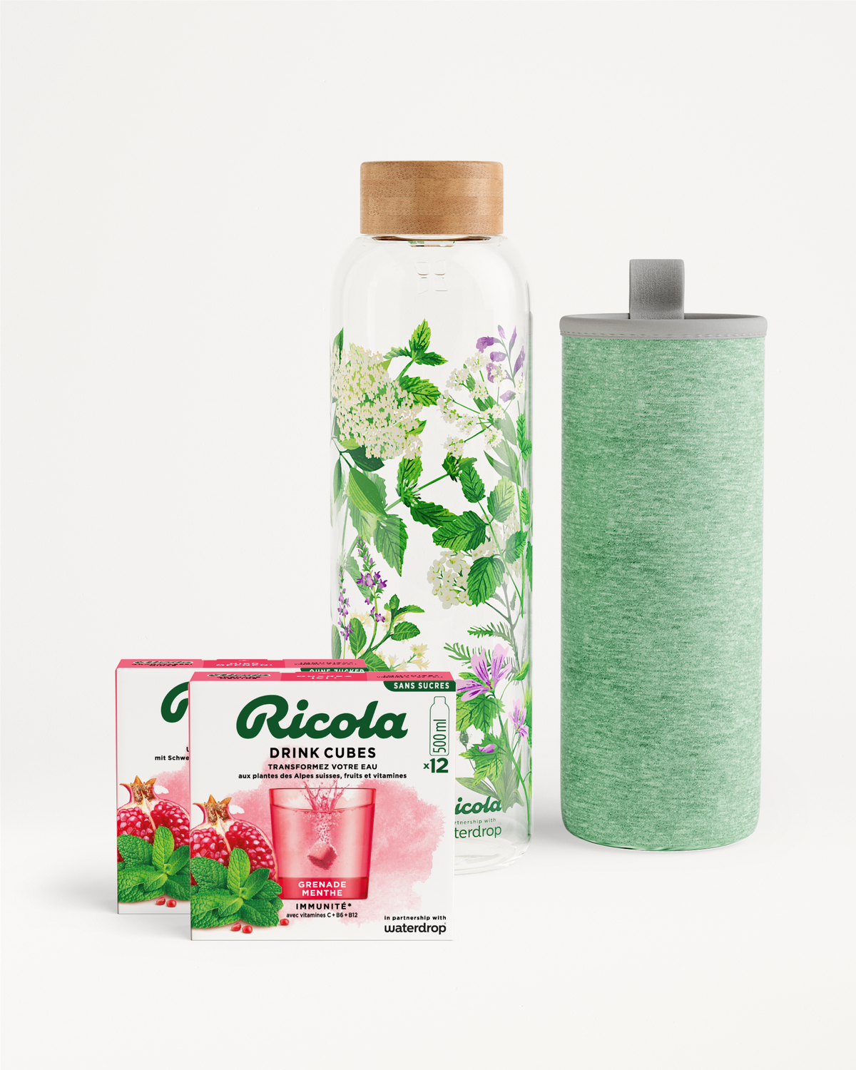 Ricola Bottle Set: hydration cubes and illustrated glass bottle kit.