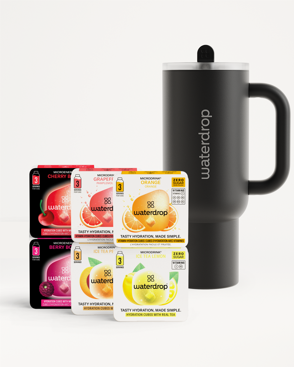 Starter Set Explorer Thermo Tumbler with assorted Waterdrop microdrink cubes.