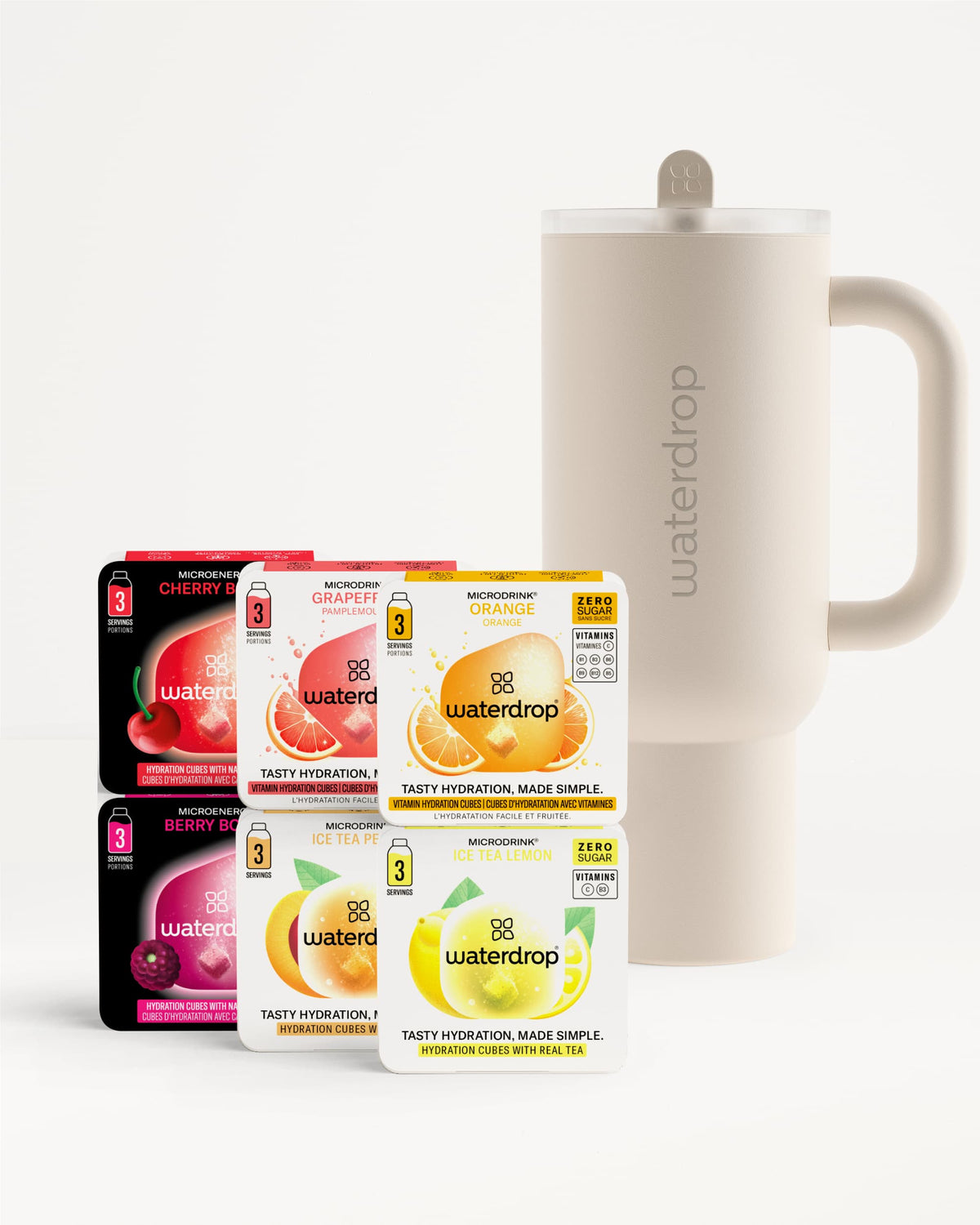 Set Scoperta Borraccia Termica Explorer: cubetti Microdrink e borraccia beige.