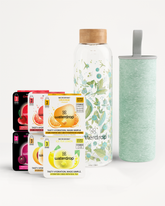 Set Scoperta Vetro con cubetti idratazione e bottiglia in vetro.