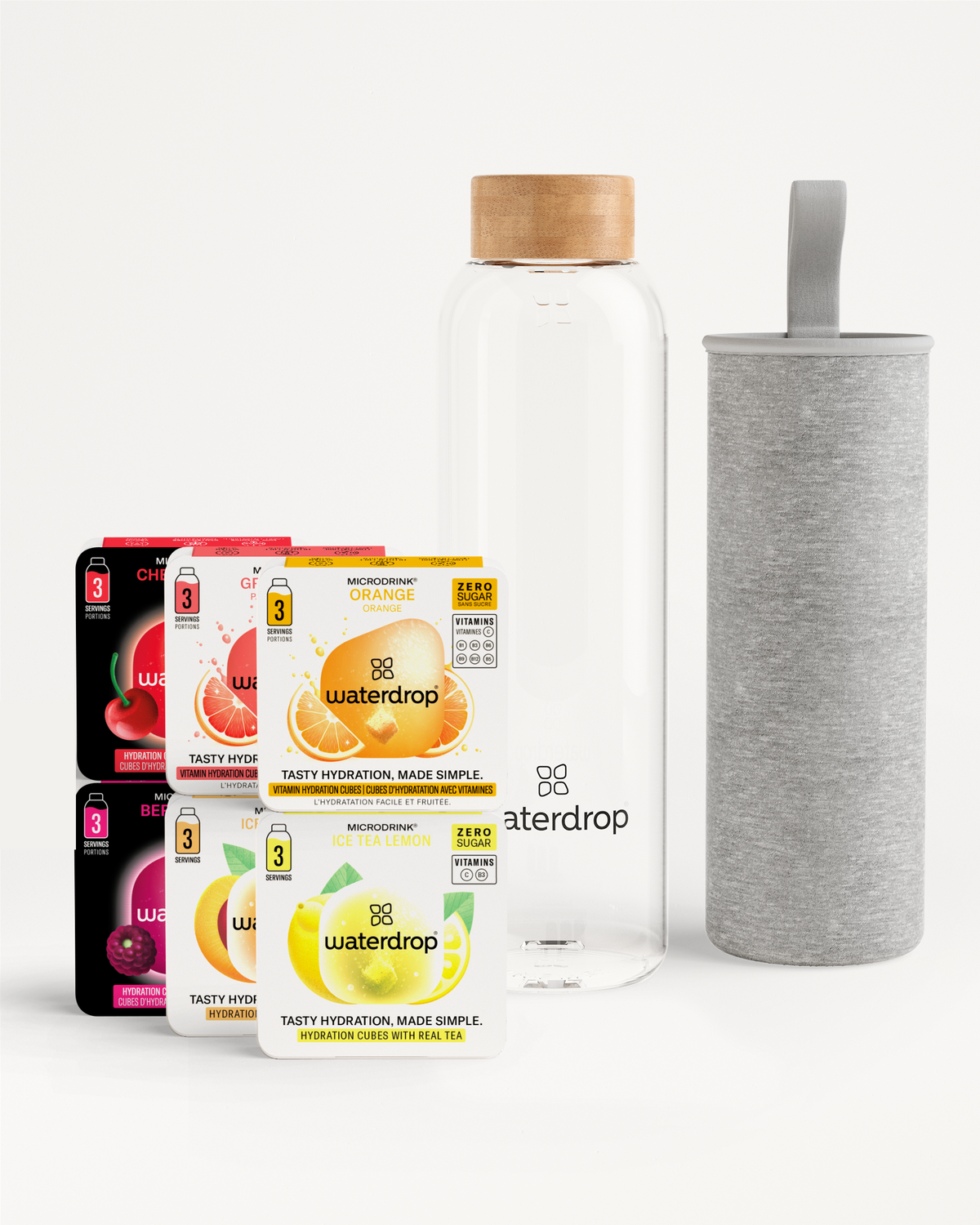 Set Scoperta Vetro: bottiglia, sleeve grigia, cubetti idratazione aromatizzati.