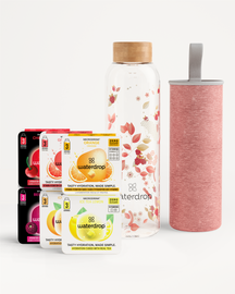 Set Scoperta Vetro: cubetti idratanti vitaminici e bottiglia vetro decorativa.
