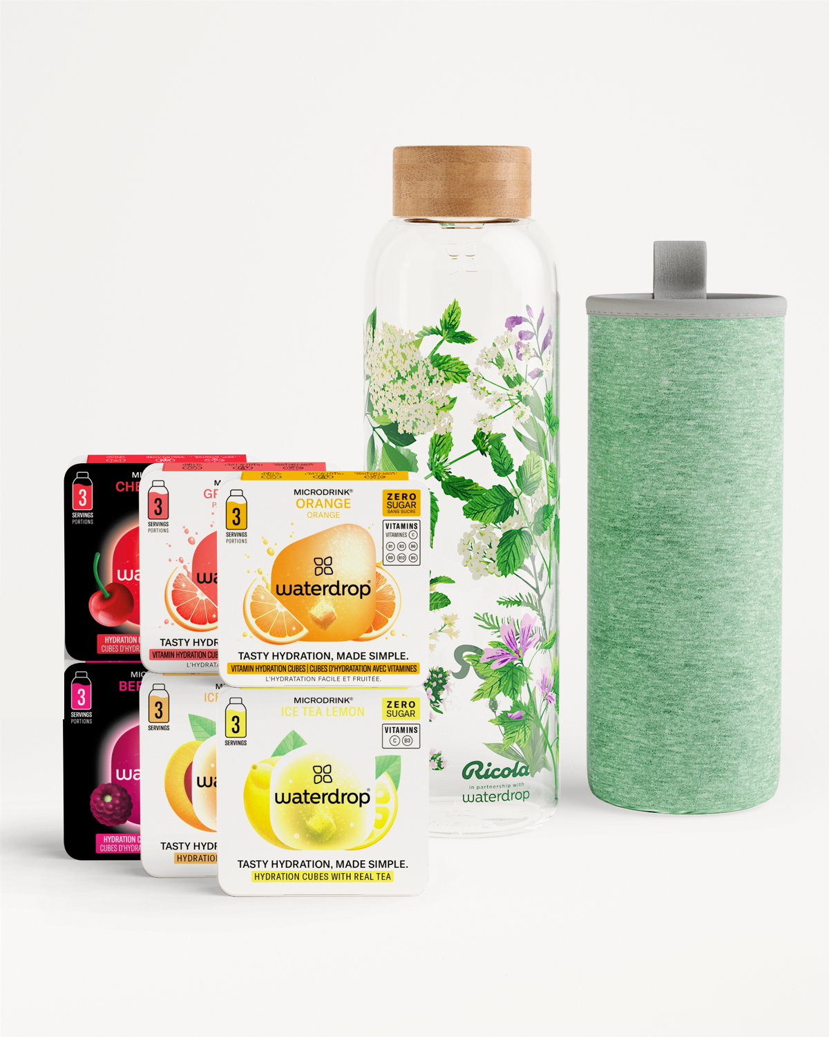 Set Scoperta Vetro: cubetti microdrink vitaminici e bottiglia vetro decorata.