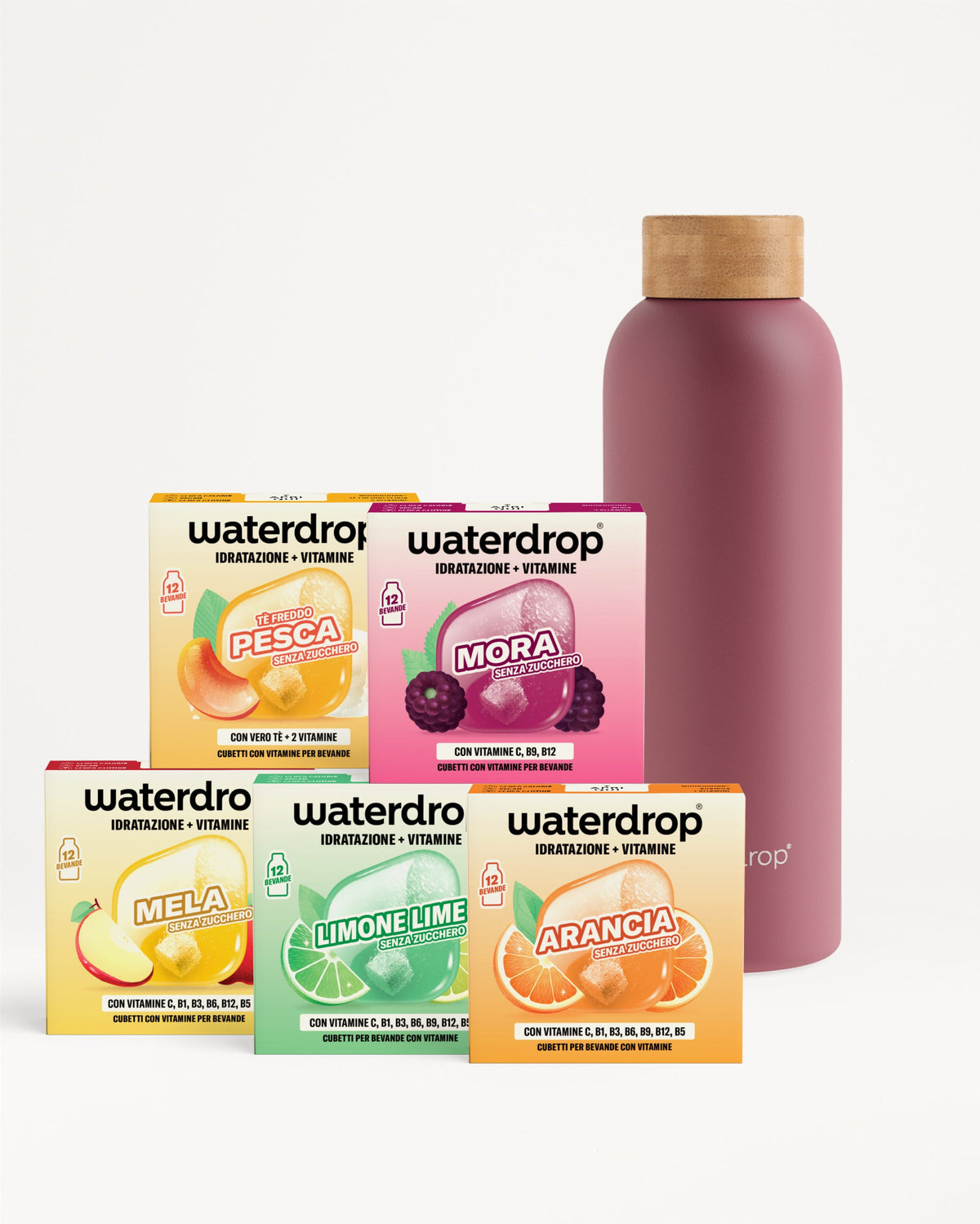 Set Starter 30 Giorni Thermo Steel con cubetti vitaminici waterdrop® e bottiglia riutilizzabile.