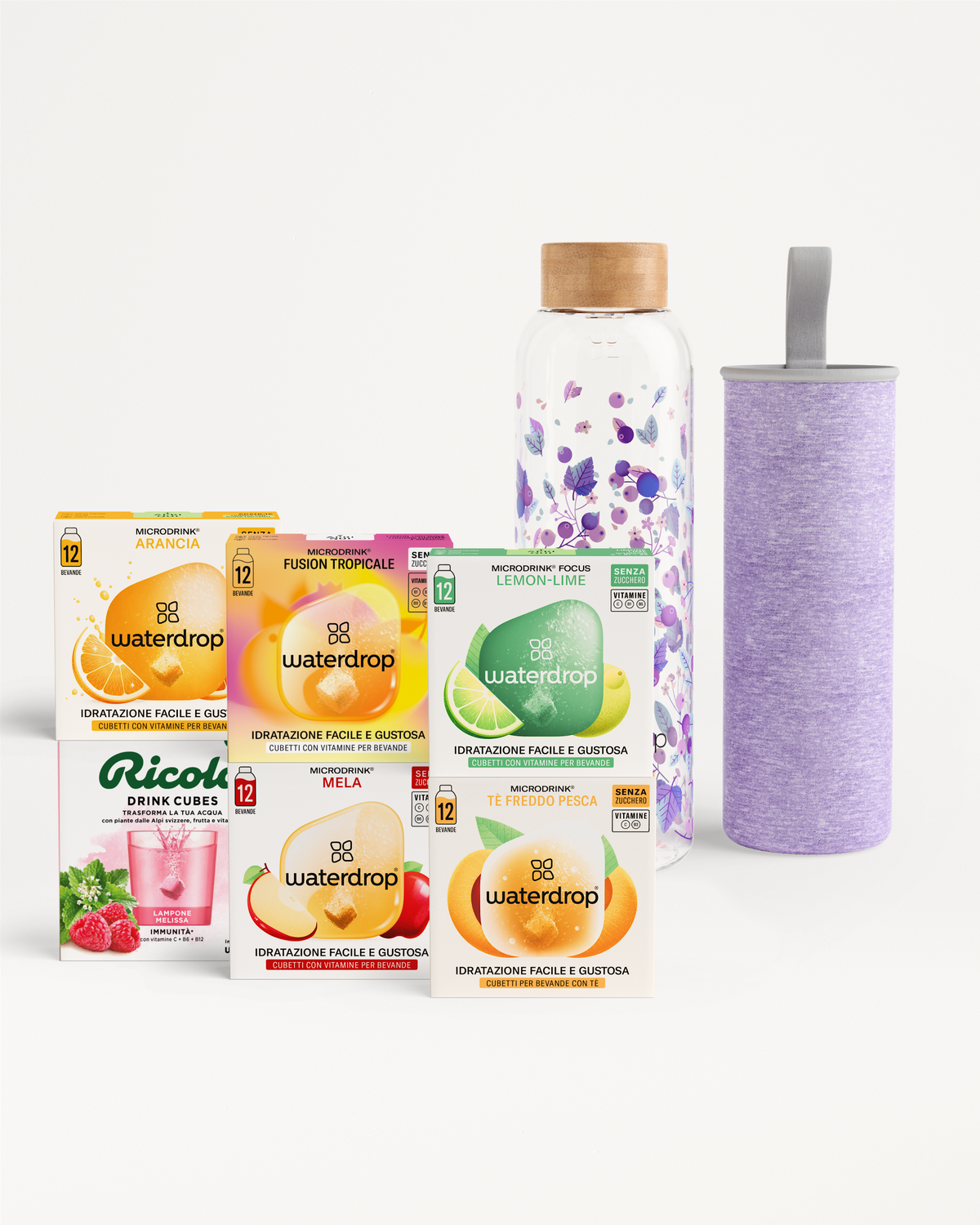 Set Idratazione Completa con Bottiglia, includendo cubetti Microdrink e Ricola.