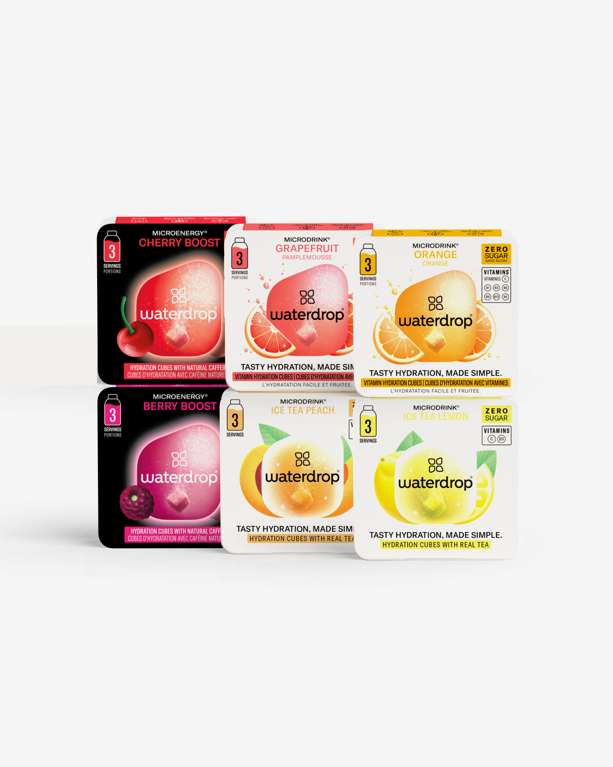 Pacchetto Degustazione Mix: sei confezioni Waterdrop di cubetti idratanti.