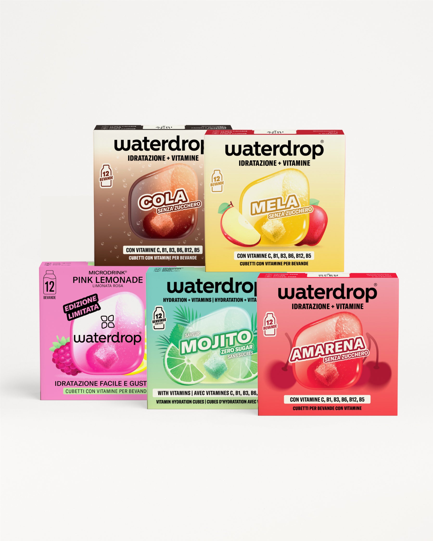 Set di cinque box Waterdrop per idratazione in due file con confezioni colorate.
