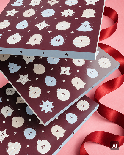 Scatoloni di Advent blu impilati con finestre circolari numerate e forme decorative, legati con un nastro rosso su sfondo rosa.