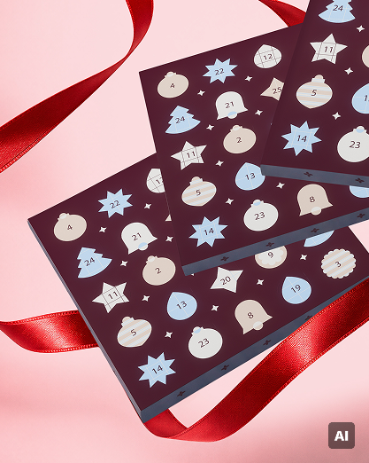 Calendario dell'Avvento con porte numerate e forme festive su uno sfondo scuro, decorato con nastri rossi su sfondo rosa.