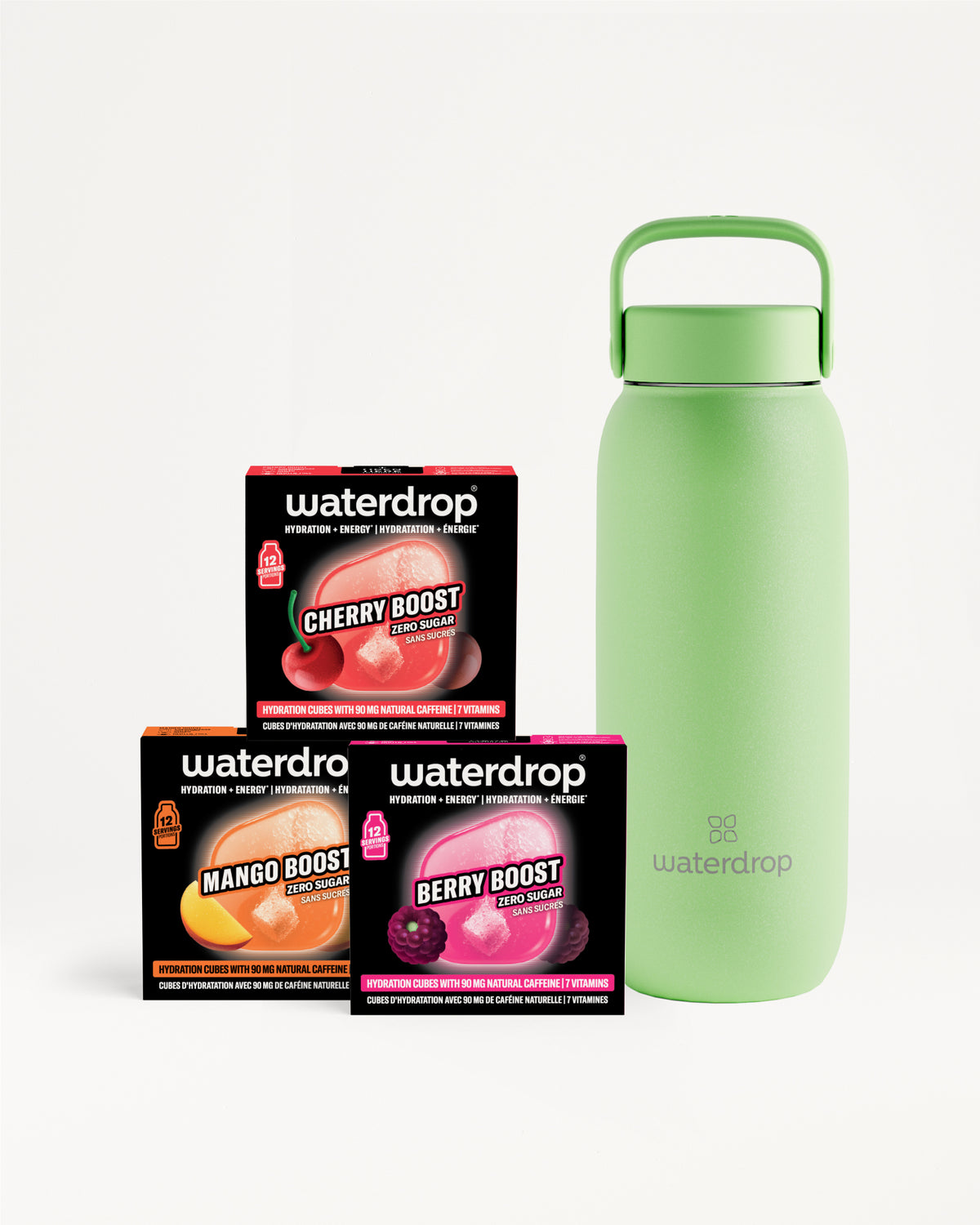 Bottiglia termica verde con manico accanto a tre confezioni Waterdrop di gusti.
