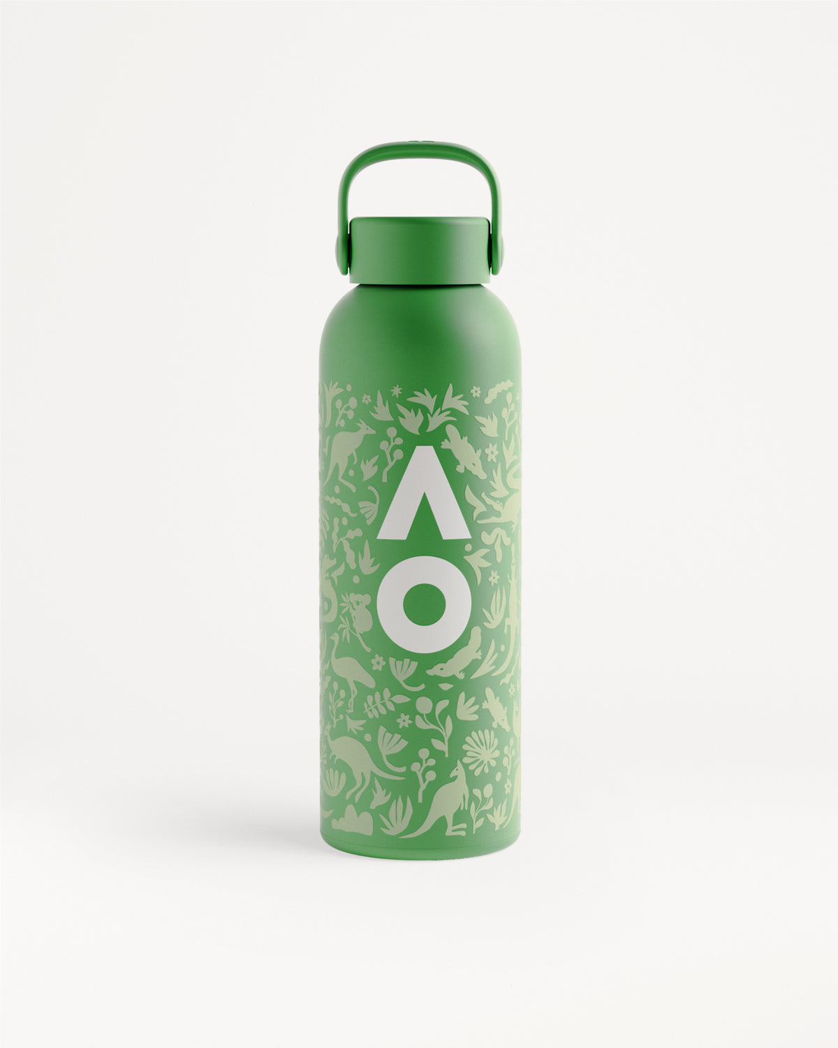 Bottiglia d'acqua in metallo verde con maniglia e motivo botanico.