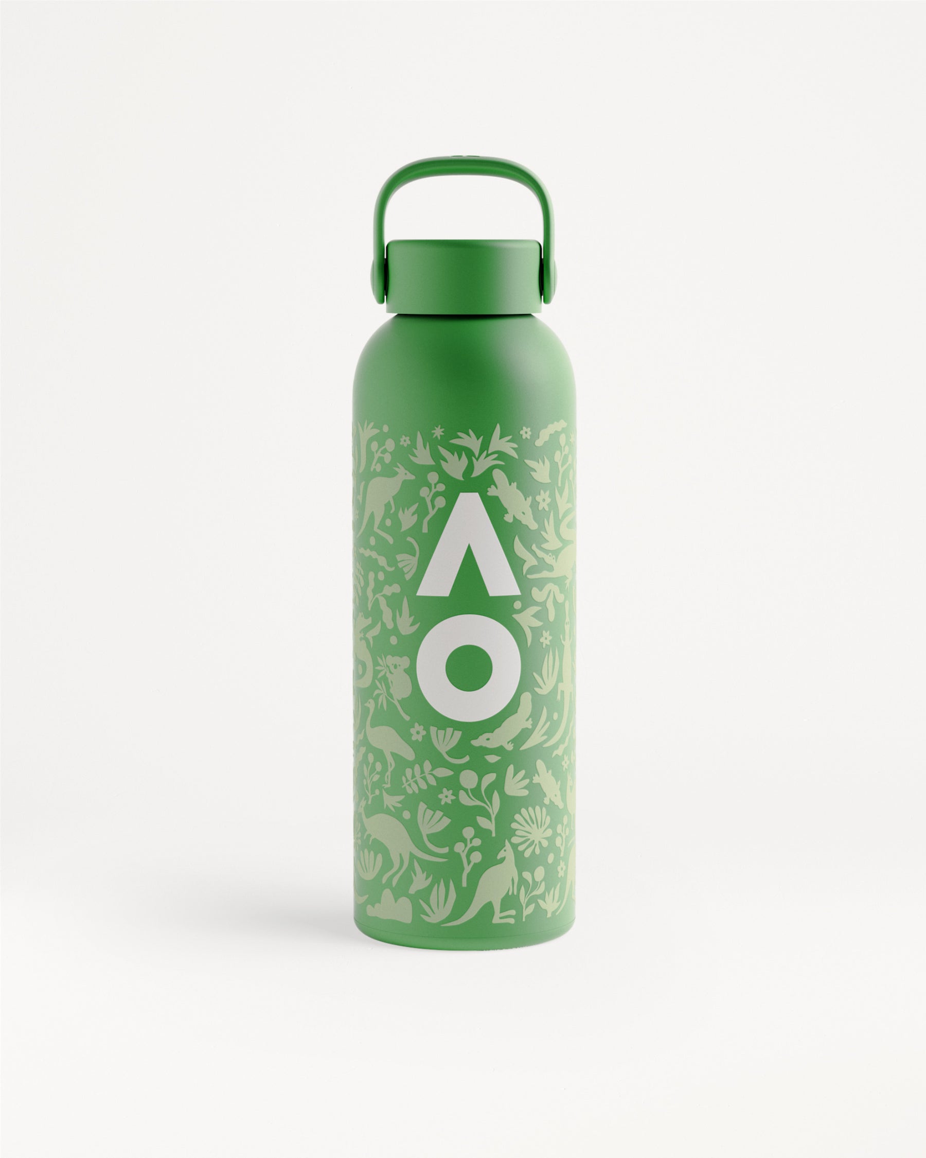 Bottiglia d'acqua in metallo verde con maniglia e motivo botanico.