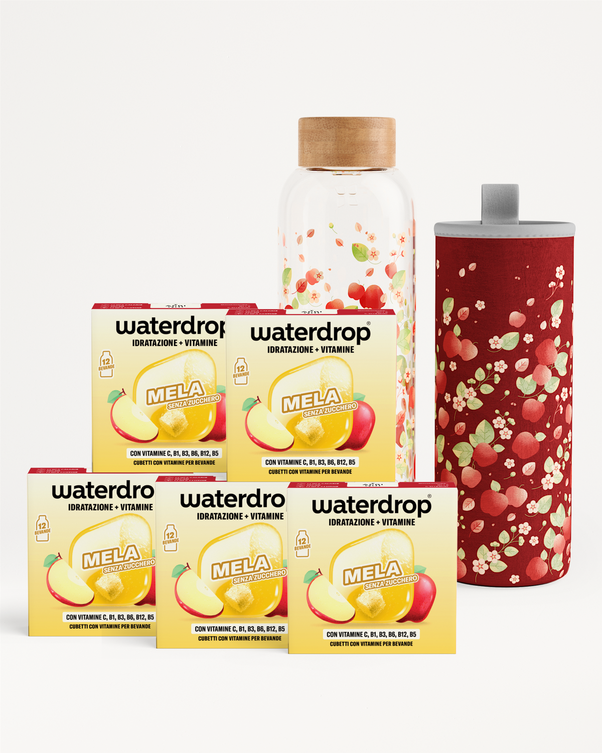 Scatole assortite Waterdrop aromi per bevande con una bottiglia di vetro e un tumbler rosso a motivo.