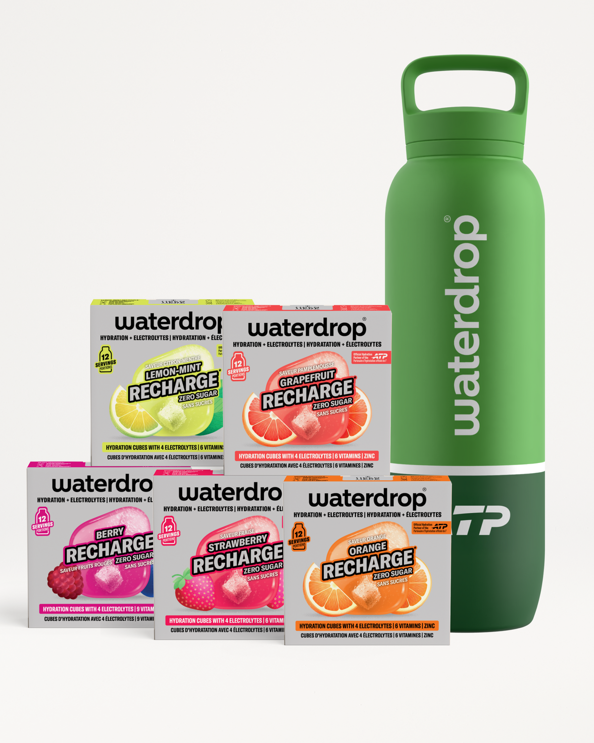 Scatole assortite di sapori Waterdrop Recharge con una borraccia riutilizzabile verde.