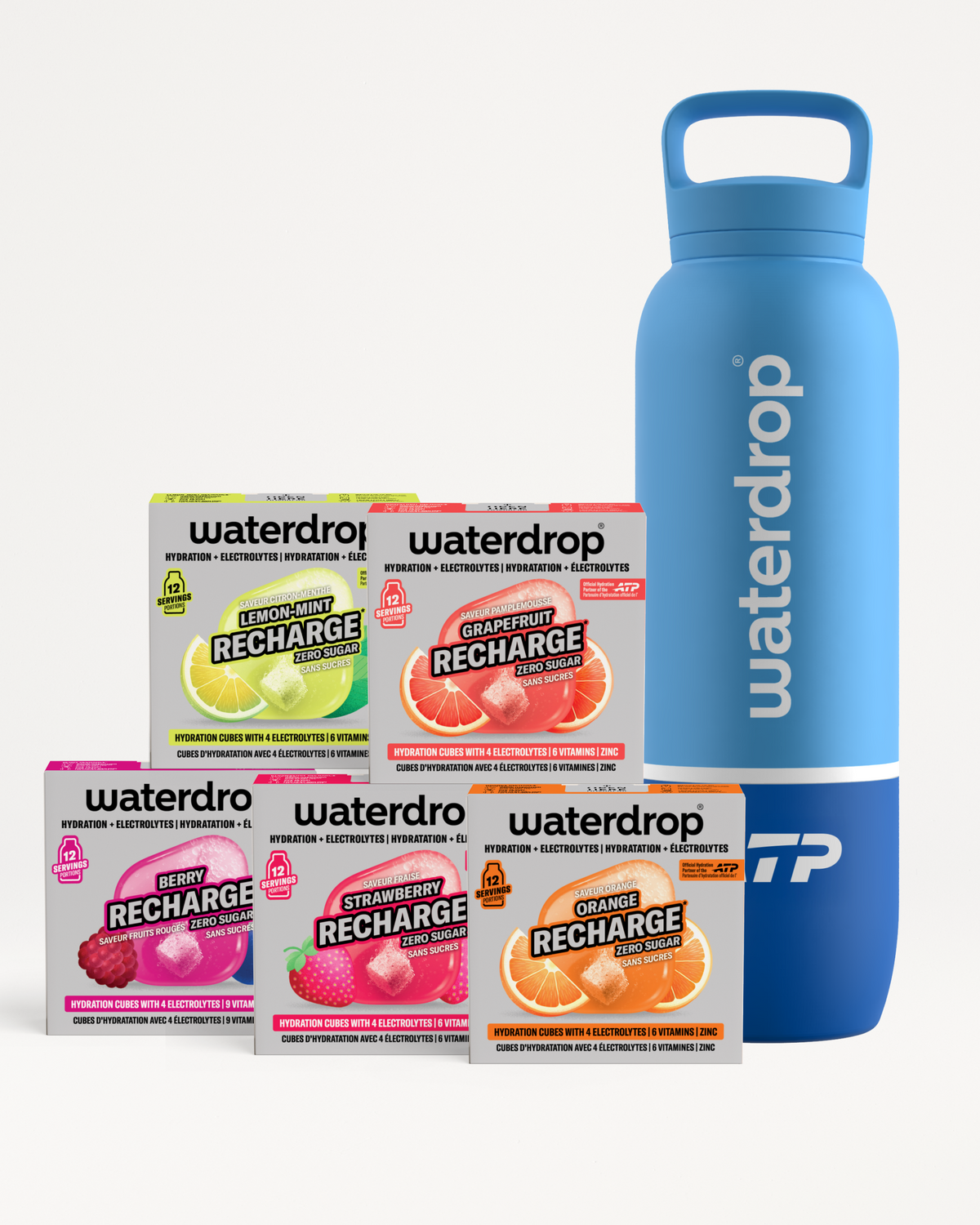 Bottiglia riutilizzabile blu Waterdrop con quattro confezioni Recharge di gusti.