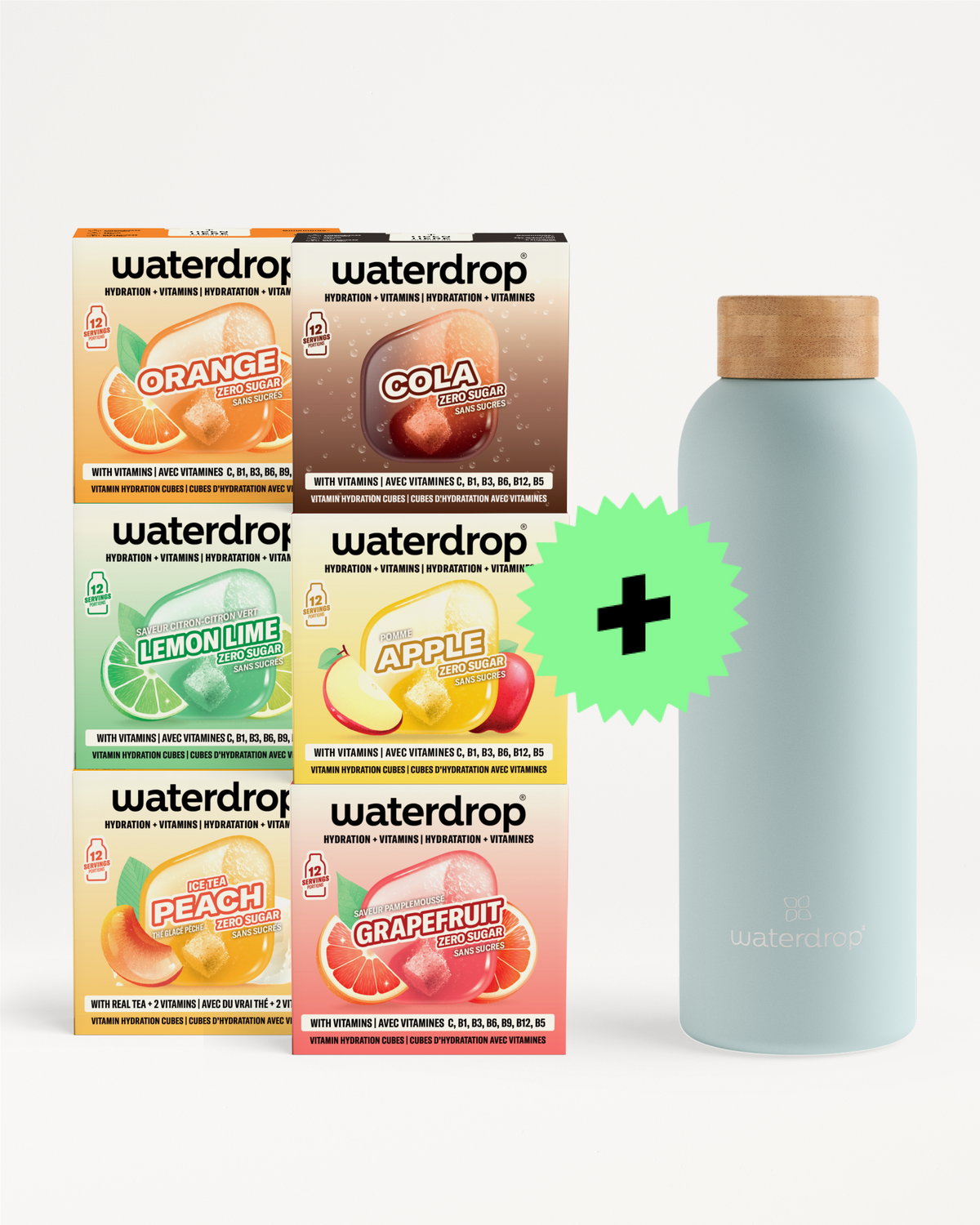 Scatole di gusti Waterdrop disposte accanto a una bottiglia azzurro chiaro con tappo in legno e simbolo più verde.