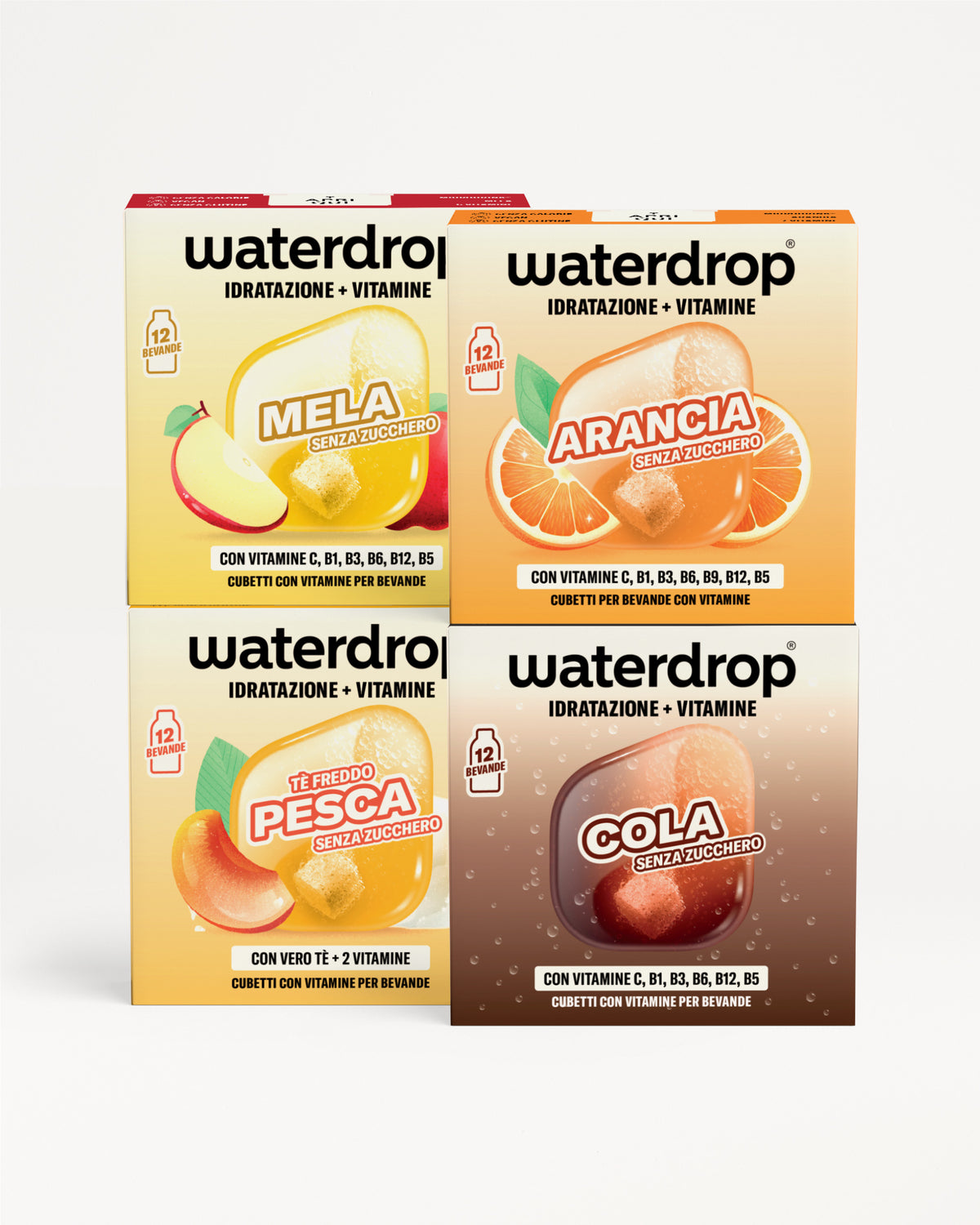 Set di quattro scatole Waterdrop per bevande idratanti con gusti frutta assortiti.